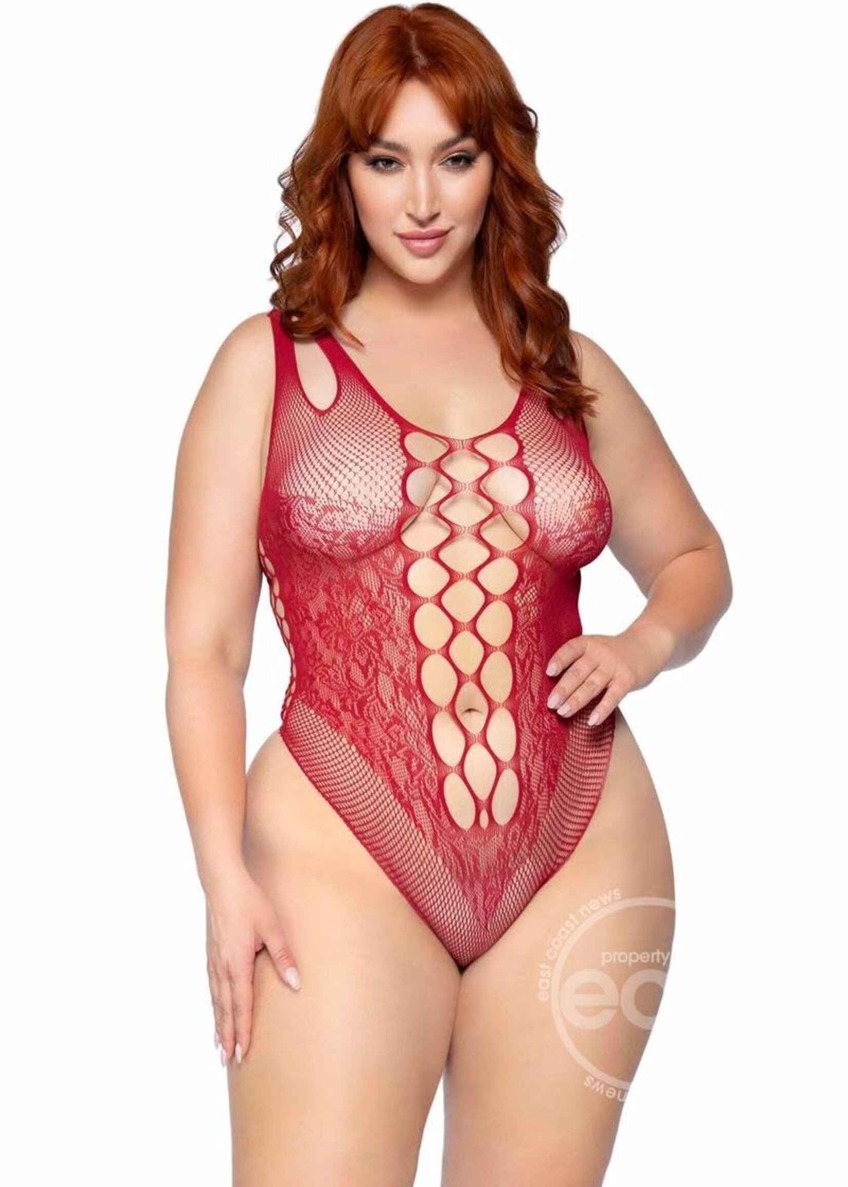 Leg Avenue Seamless Net Lace Bodysuit with Dual Shoulder Straps and Cheeky Cut Bottom - 1X/2X