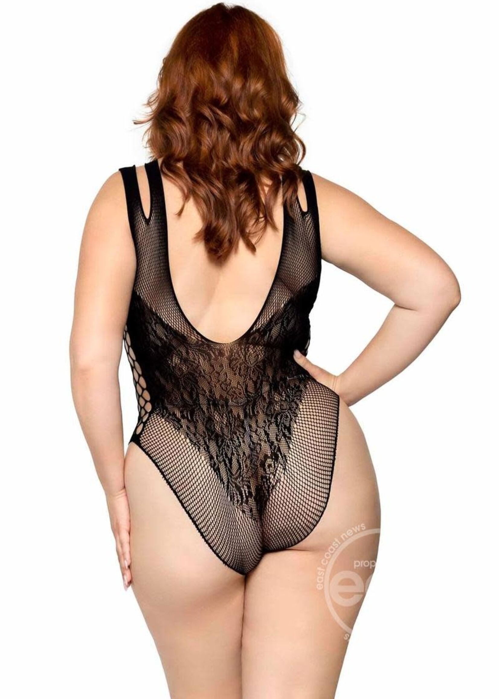 Leg Avenue Seamless Net Lace Bodysuit with Dual Shoulder Straps and Cheeky Cut Bottom - 1X/2X