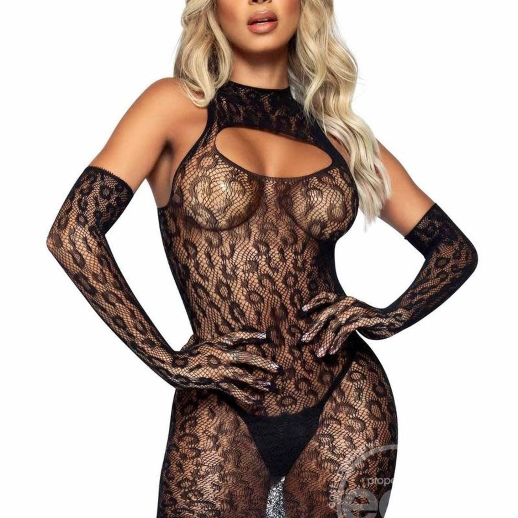Leg Avenue Leg Avenue Leopard Net Keyhole Dress and Matching Gloves (2 pieces) - O/S - Black