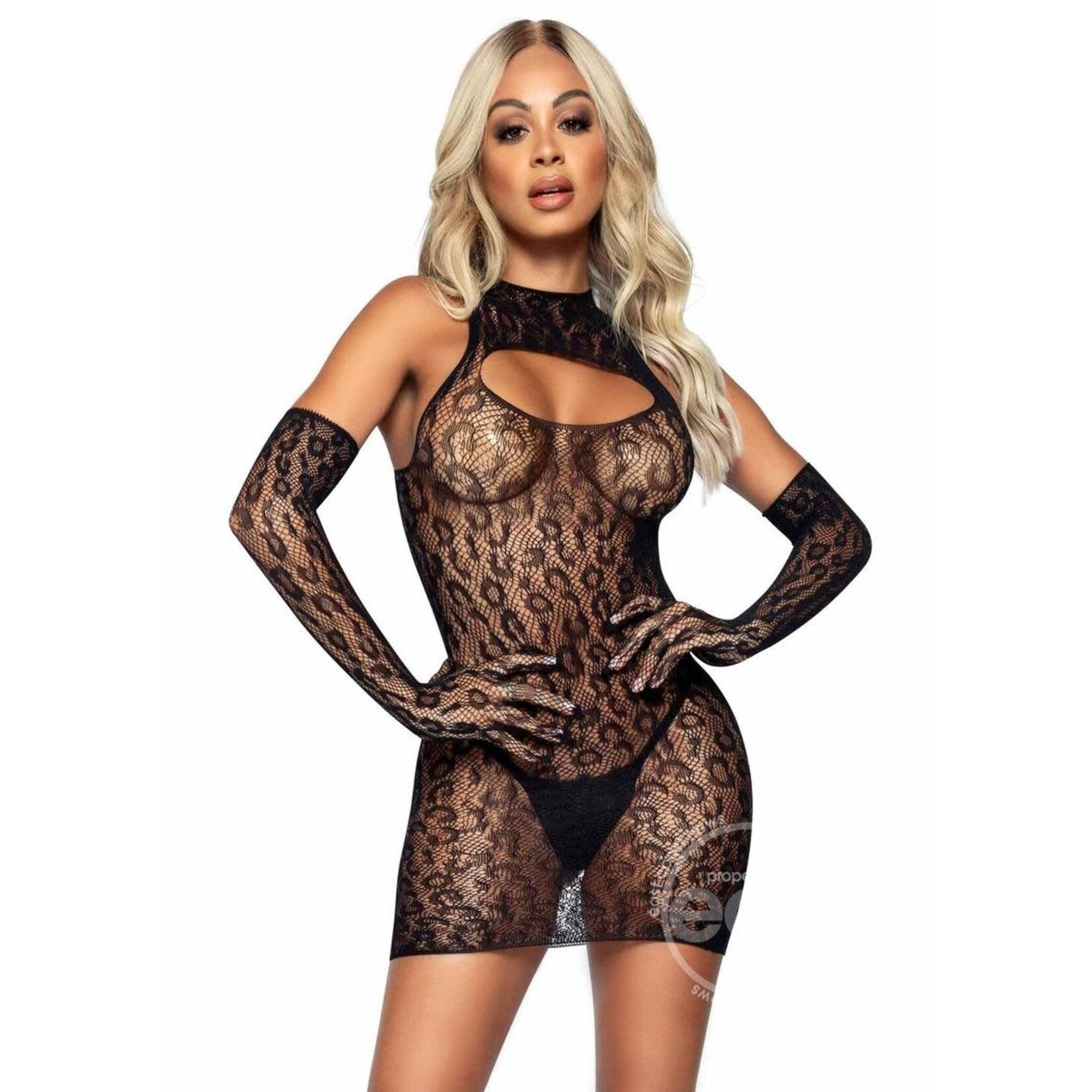 Leg Avenue Leg Avenue Leopard Net Keyhole Dress and Matching Gloves (2 pieces) - O/S - Black