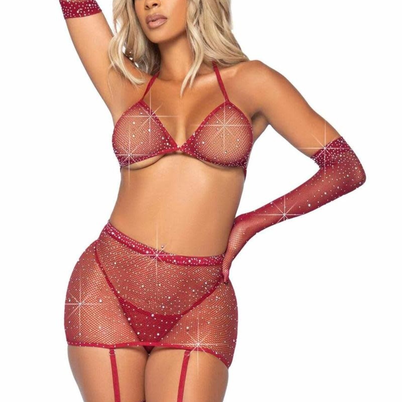 Leg Avenue Rhinestone Fishnet Garter Skirt Set with Bikini Top, G-String, Gloves and Stockings (5 pieces) - O/S