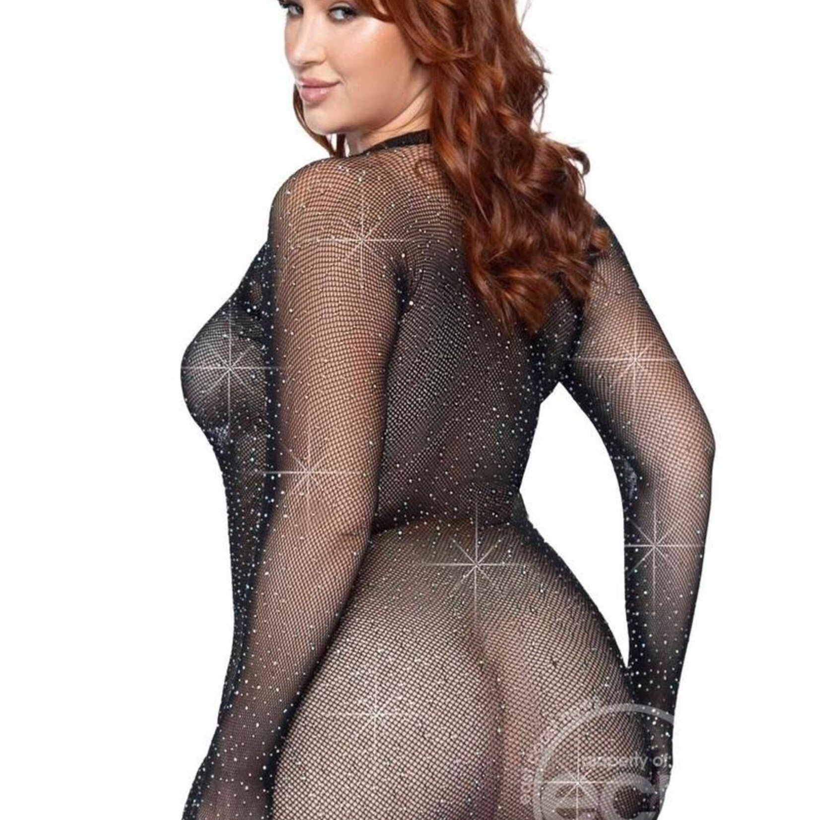 Leg Avenue Rhinestone Fishnet Gloved Mini Dress - 1X-2X - Black