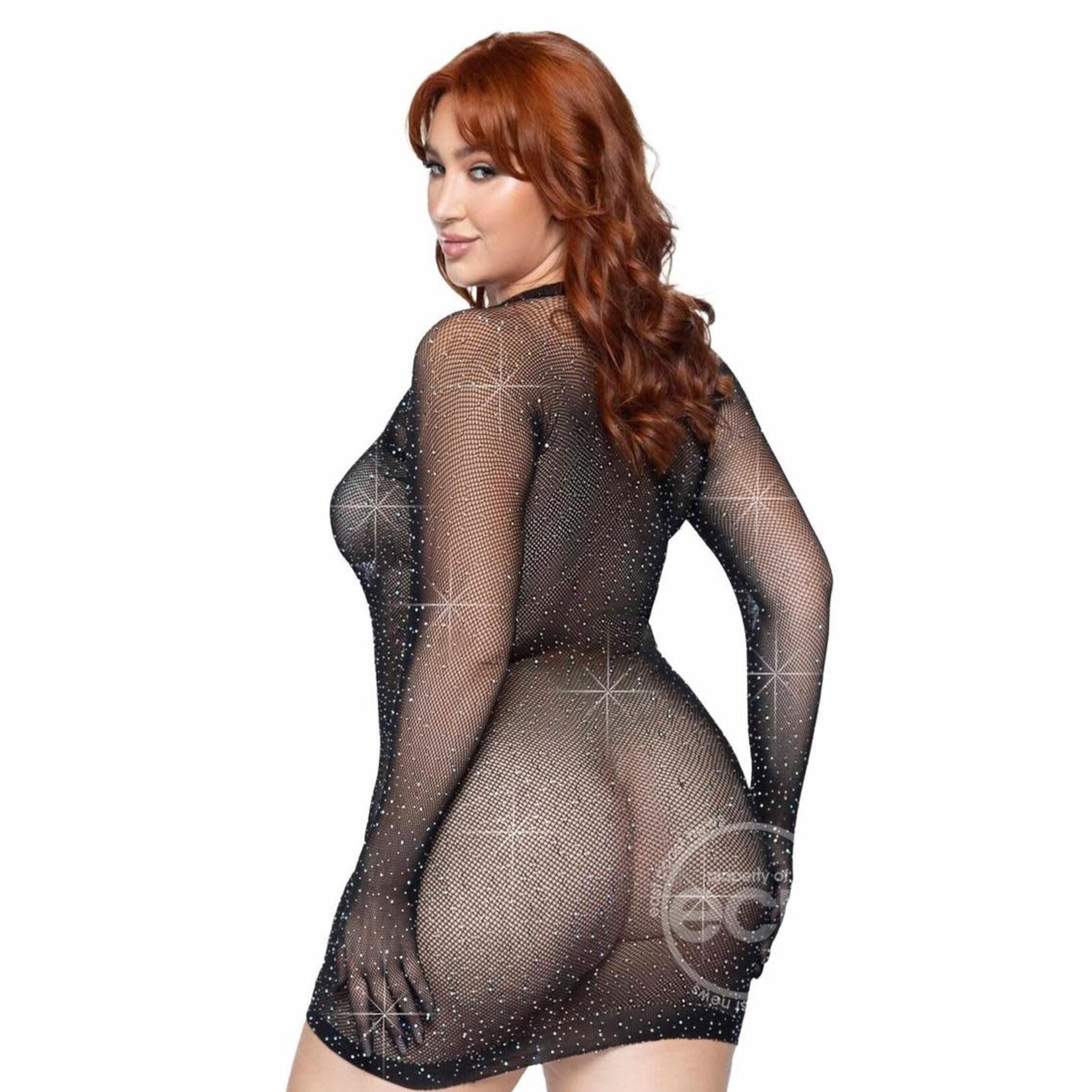 Leg Avenue Rhinestone Fishnet Gloved Mini Dress - 1X-2X - Black