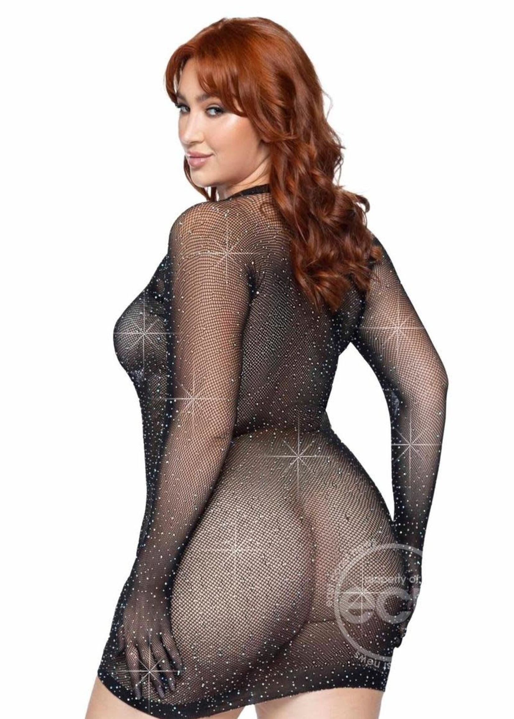 Leg Avenue Rhinestone Fishnet Gloved Mini Dress - 1X-2X - Black