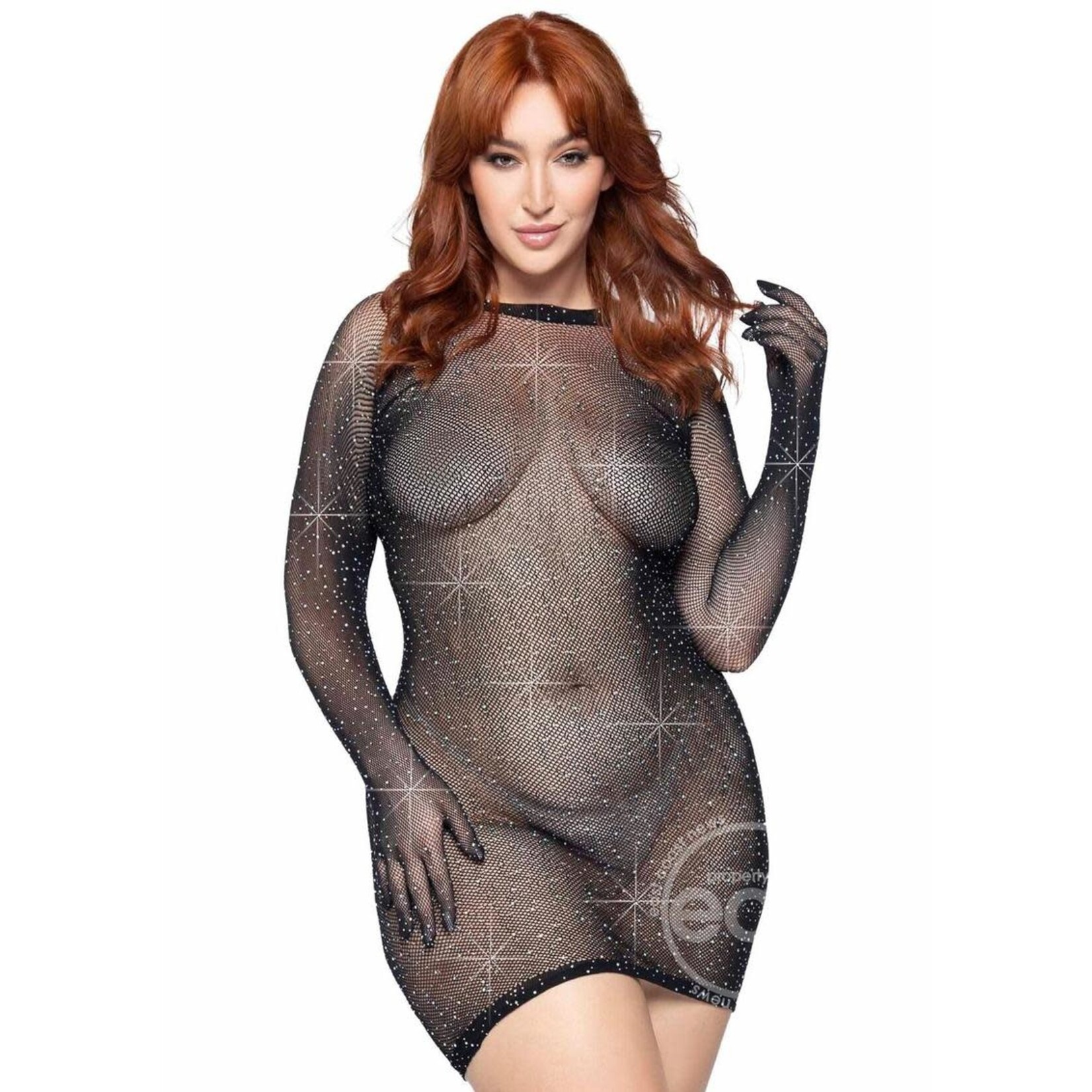 Leg Avenue Rhinestone Fishnet Gloved Mini Dress - 1X-2X - Black