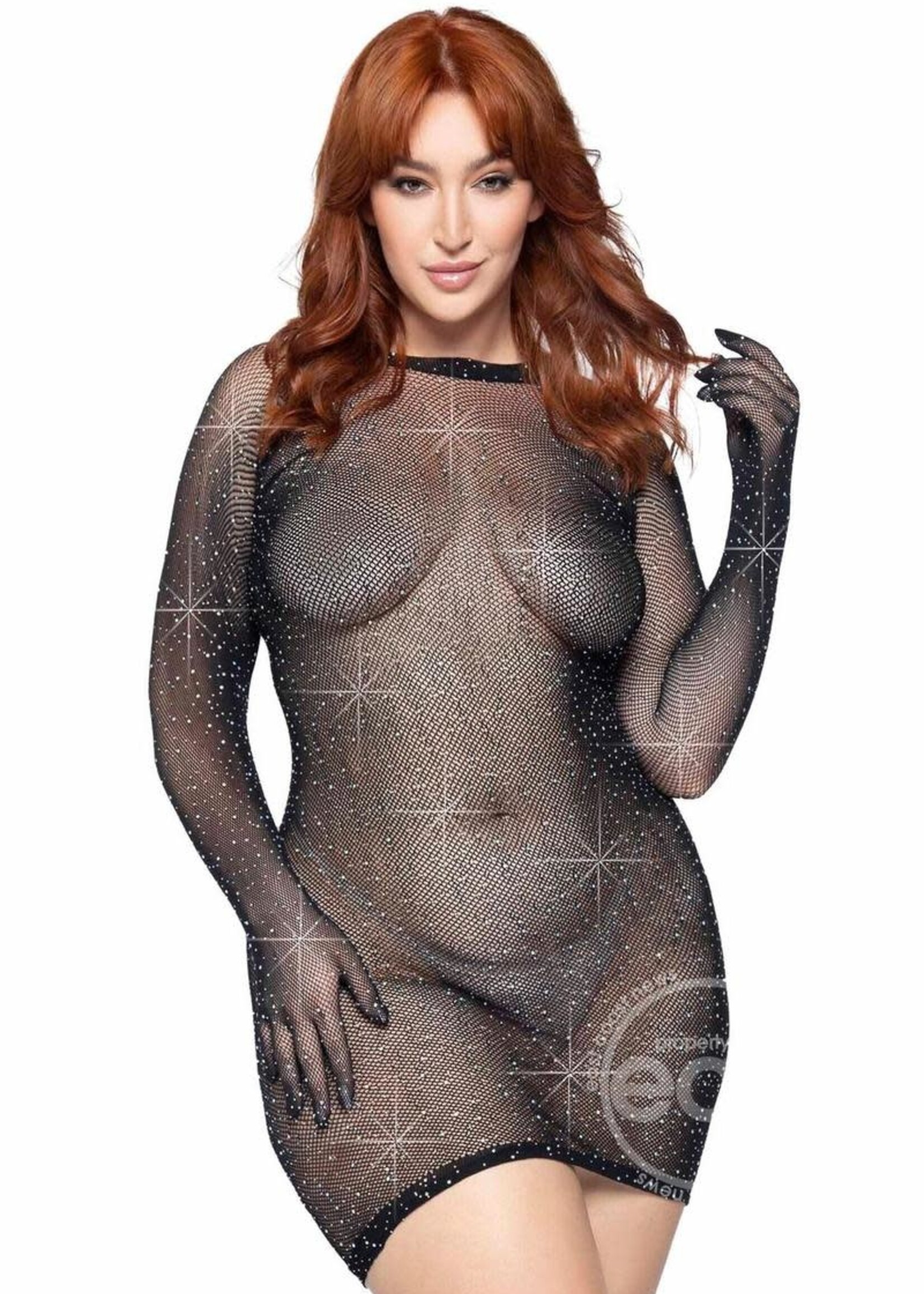 Leg Avenue Rhinestone Fishnet Gloved Mini Dress - 1X-2X - Black
