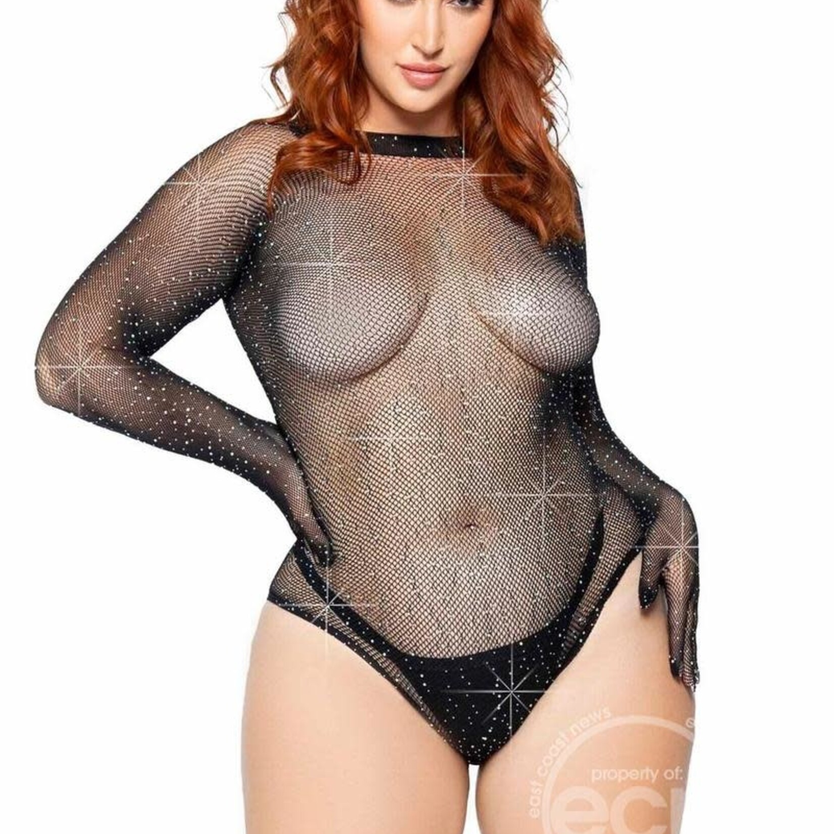 Leg Avenue Rhinestone Fishnet Gloved Bodysuit with Snap Crotch - 1X/2X - Black