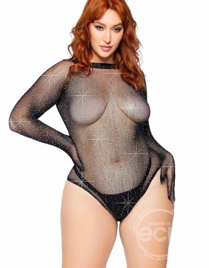 Leg Avenue Rhinestone Fishnet Gloved Bodysuit with Snap Crotch - 1X/2X - Black