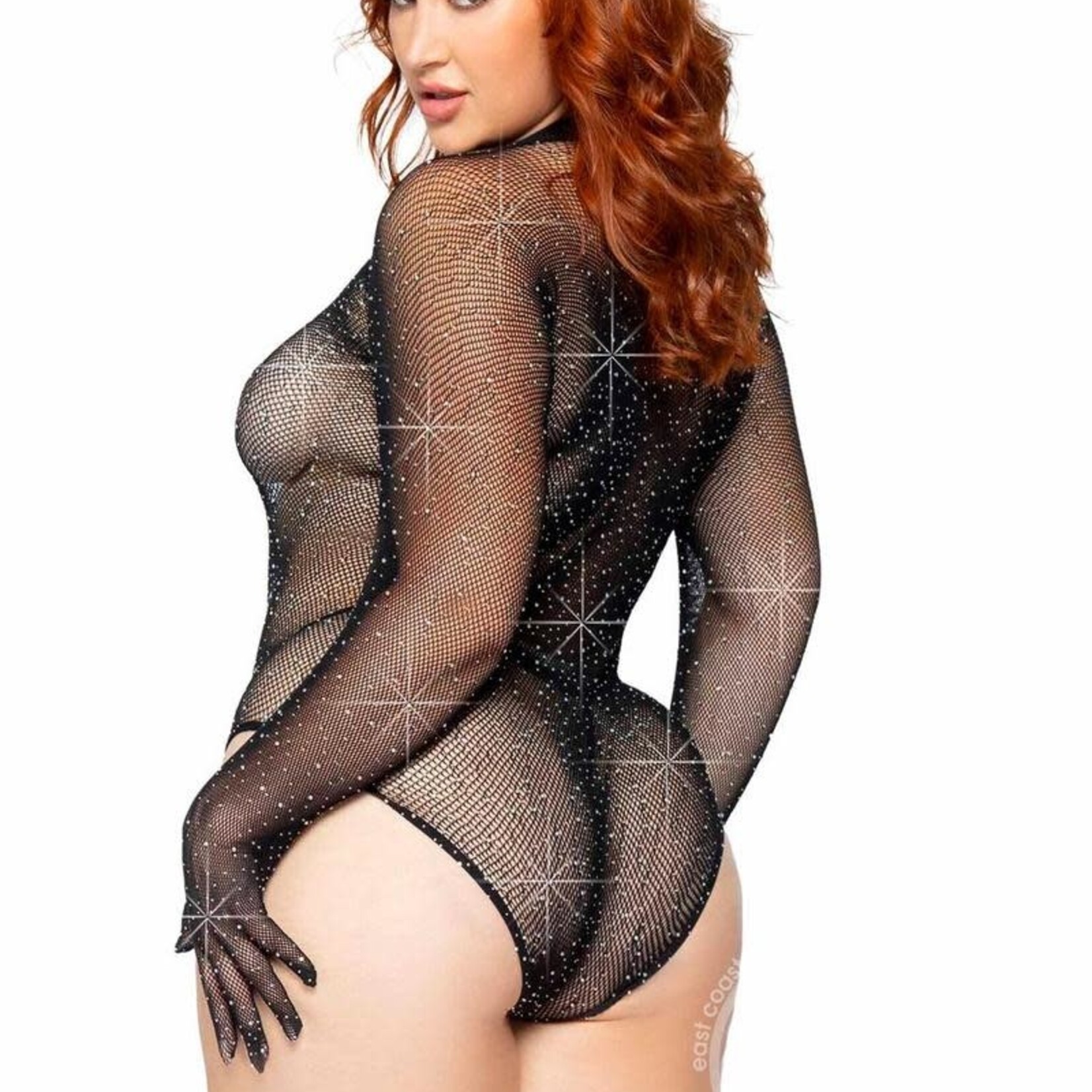 Leg Avenue Rhinestone Fishnet Gloved Bodysuit with Snap Crotch - 1X/2X - Black