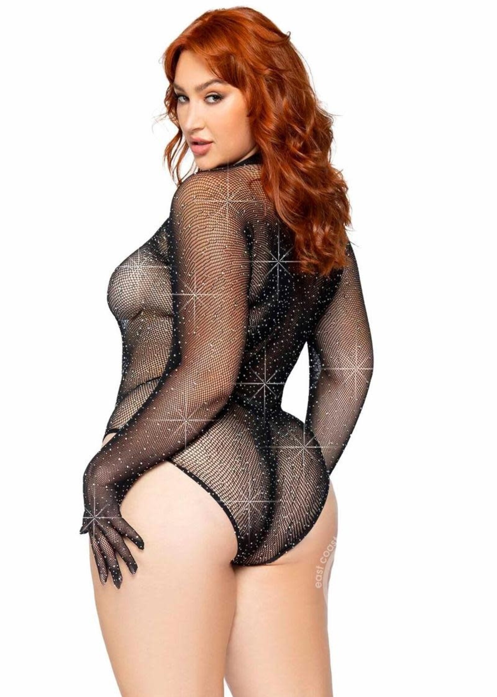 Leg Avenue Rhinestone Fishnet Gloved Bodysuit with Snap Crotch - 1X/2X - Black