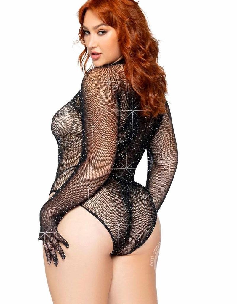 Leg Avenue Rhinestone Fishnet Gloved Bodysuit with Snap Crotch - 1X/2X - Black