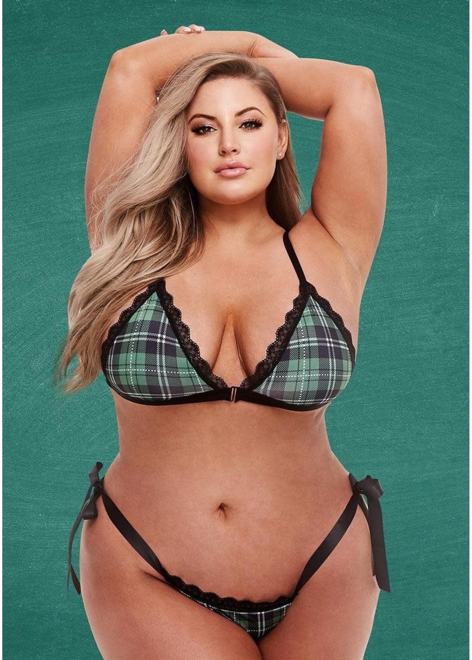 Teacher's Pet Schoolgirl Bra & Open Back Panty Set - Green/Black