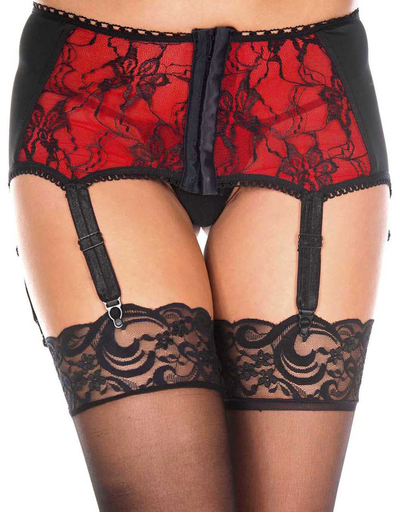 Music Legs Spandex corset look lace garterbelt - Blk/Rd - OS
