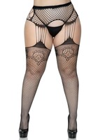 Leg Avenue Industrial Net Stockings w/ Lace Top & Attached Garter Belt - Plus Size