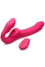 XR Brands Strap U Strap U Licking Vibrating Rechargeable Silicone Strapless Strap-On with Remote Control - Pink XR Brands Strap U Strap U Licking Vibrating Rechargeable Silicone Strapless Strap-On with Remote Control - Pink