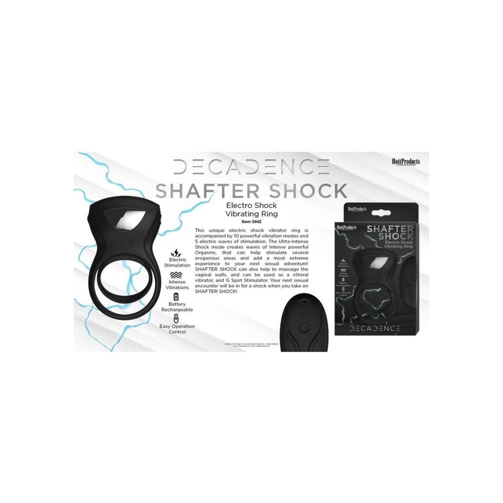 HOTT PRODUCTS Decadence Shafter Shock Silicone Electro Shock Cock Ring with Remote Control - Black