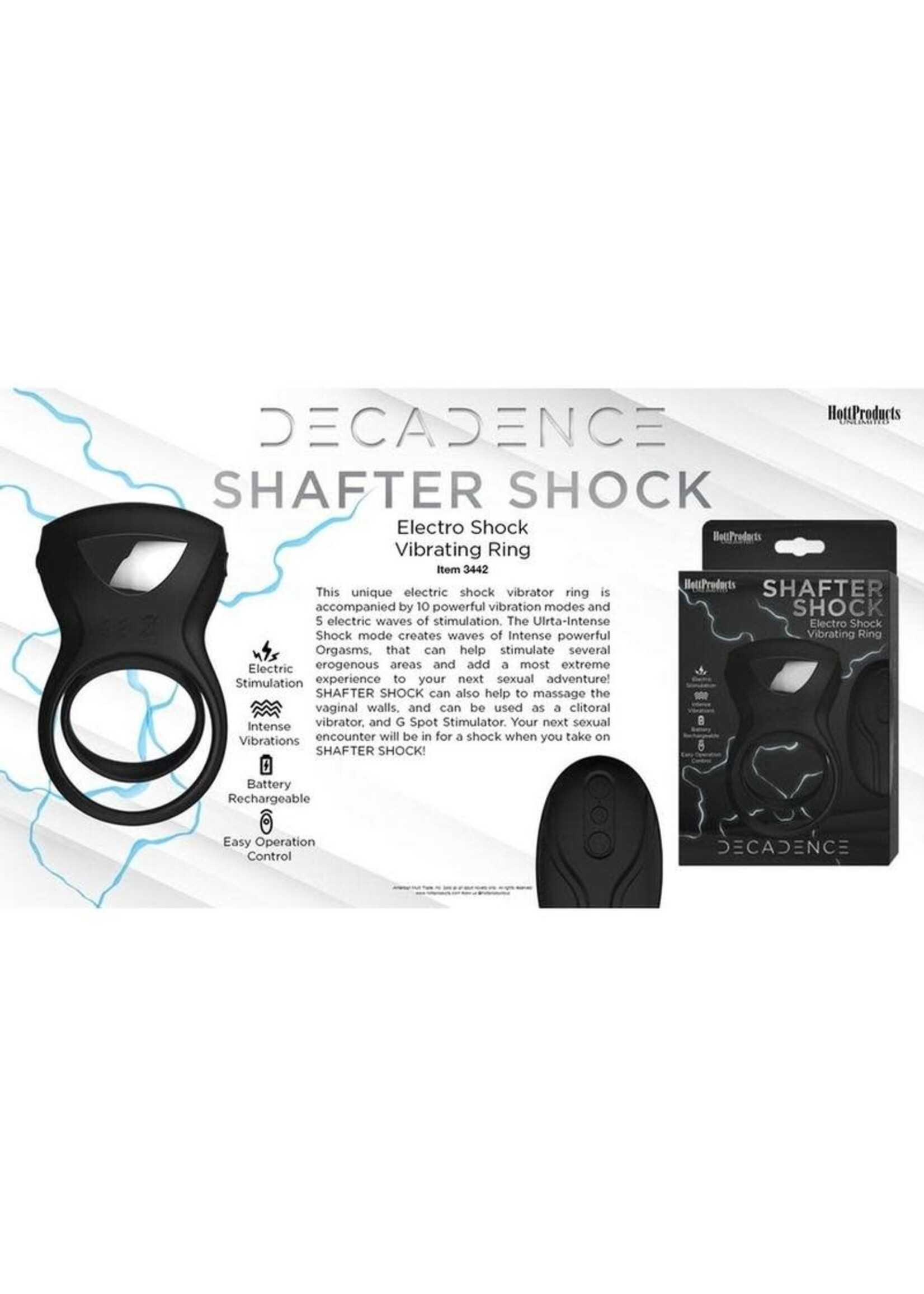 HOTT PRODUCTS Decadence Shafter Shock Silicone Electro Shock Cock Ring with Remote Control - Black
