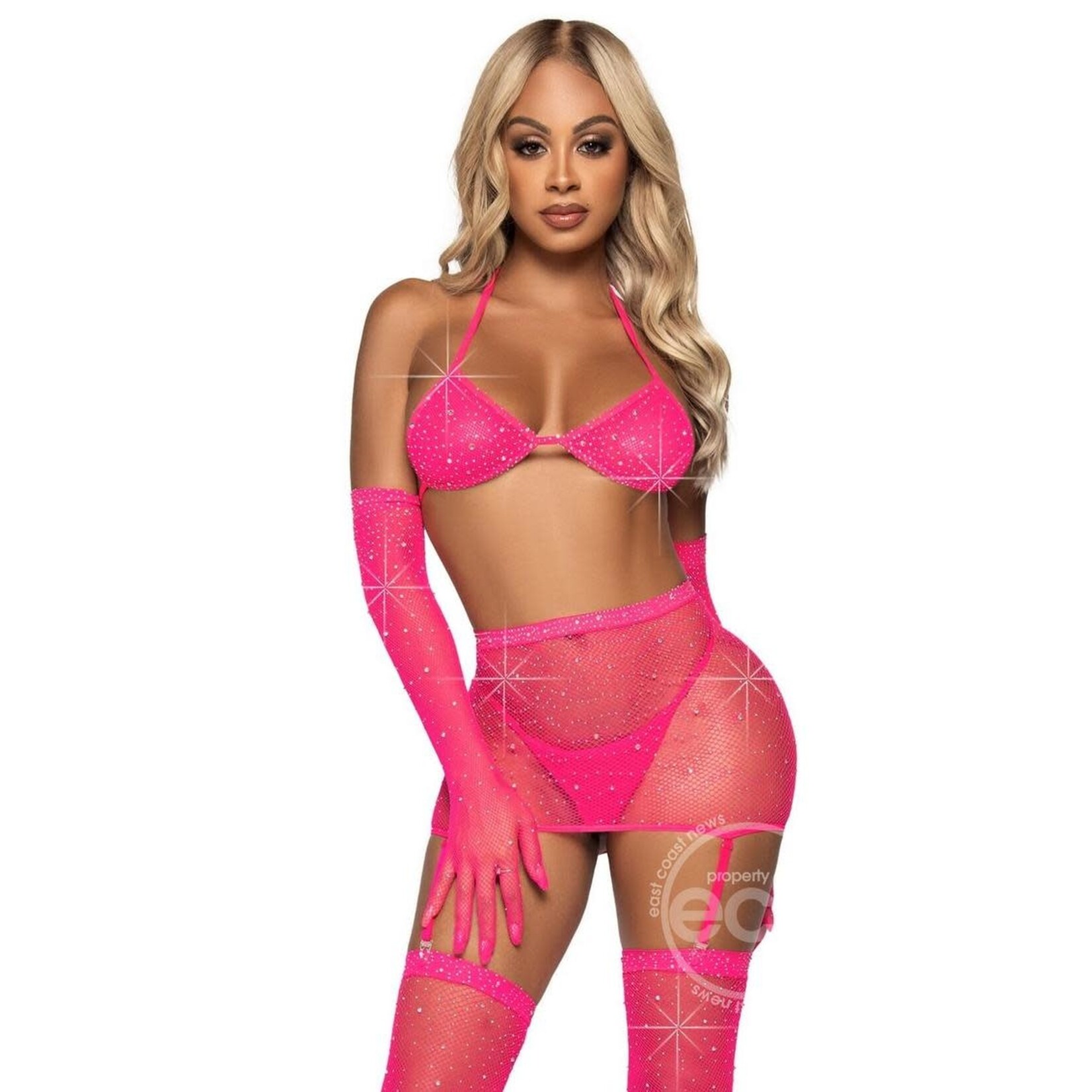 Leg Avenue Rhinestone Fishnet Garter Skirt Set with Bikini Top, G-String, Gloves and Stockings (5 pieces) - O/S