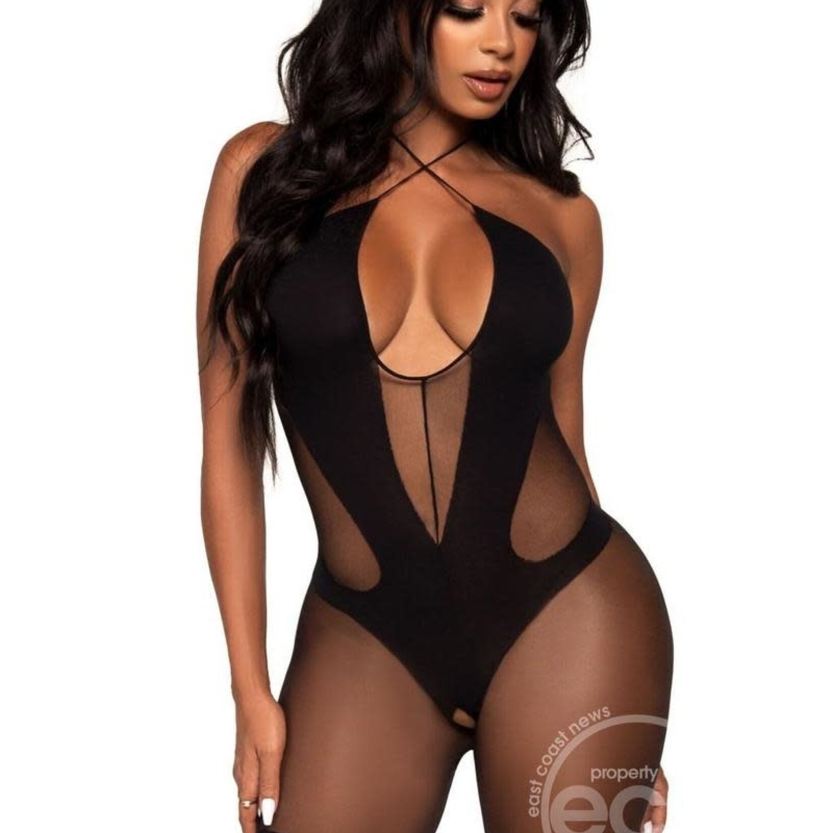 Leg Avenue Leg Avenue Opaque and Sheer Keyhole Twist Halter Bodystocking - O/S - Black