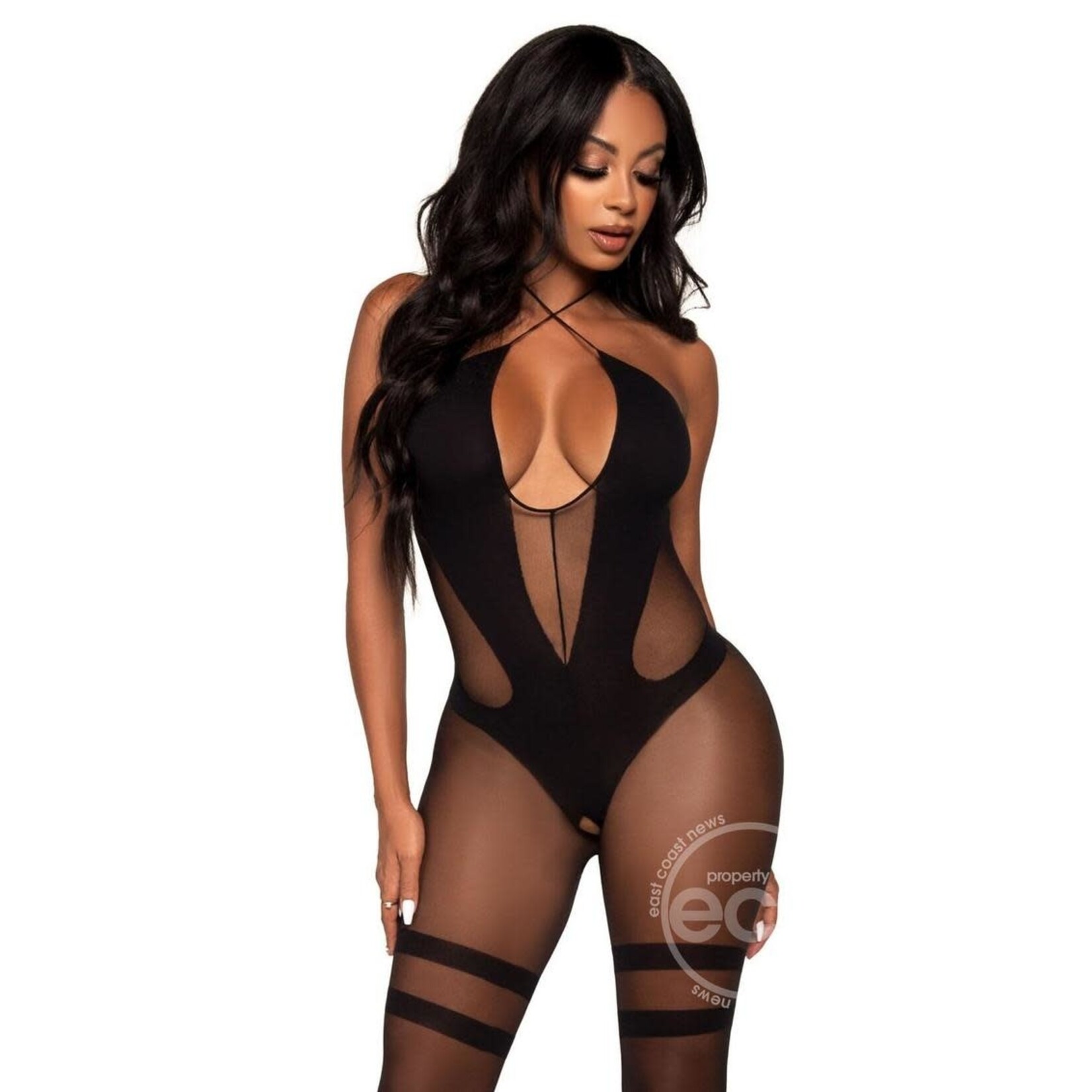 Leg Avenue Leg Avenue Opaque and Sheer Keyhole Twist Halter Bodystocking - O/S - Black