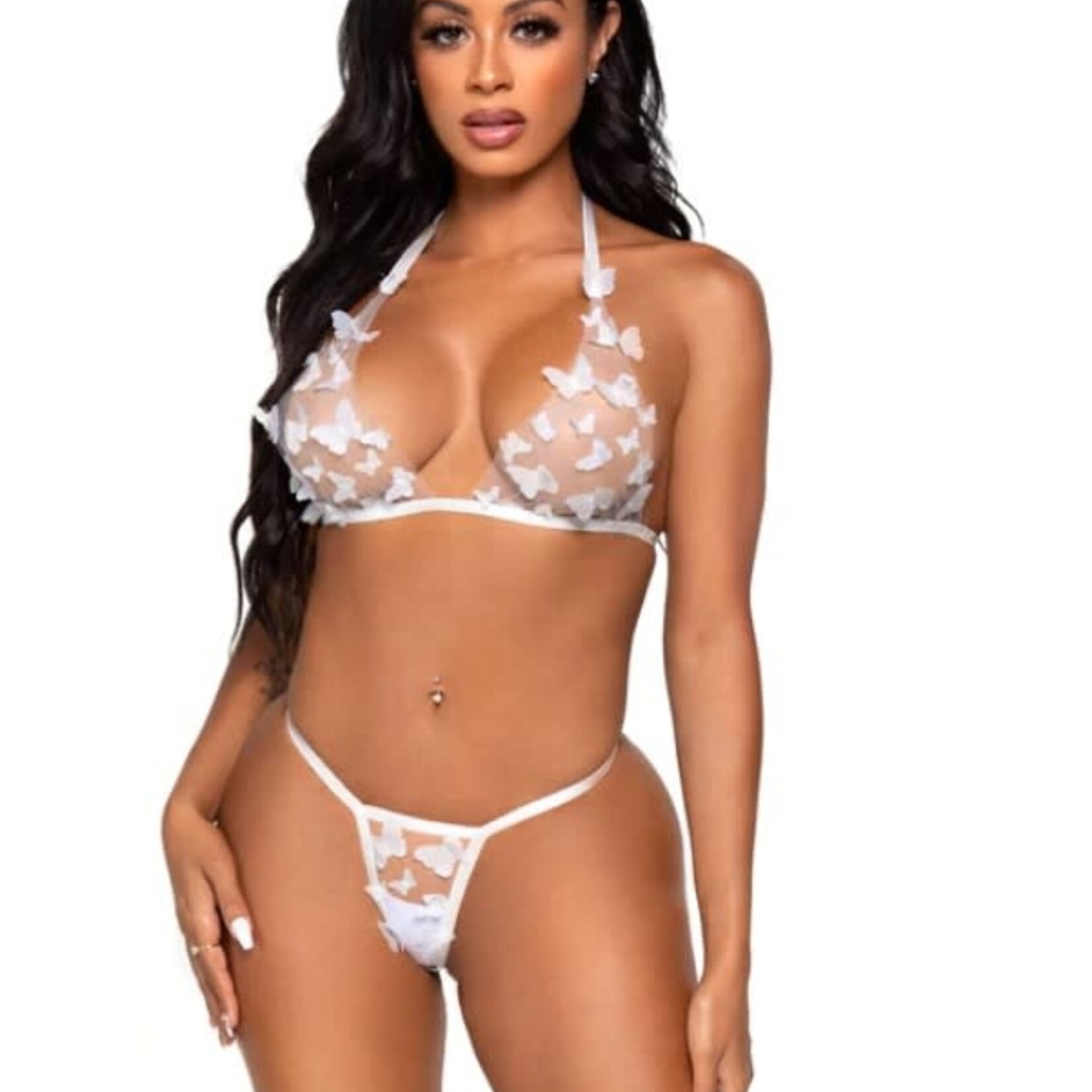 Leg Avenue 2PC Sheer Butterfly Bra & Panty G-String - White