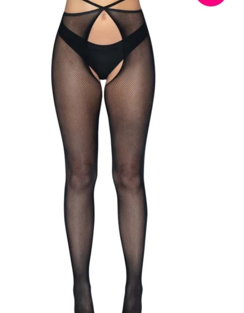 Leg Avenue Micro net strappy waist crotchless tights - OS