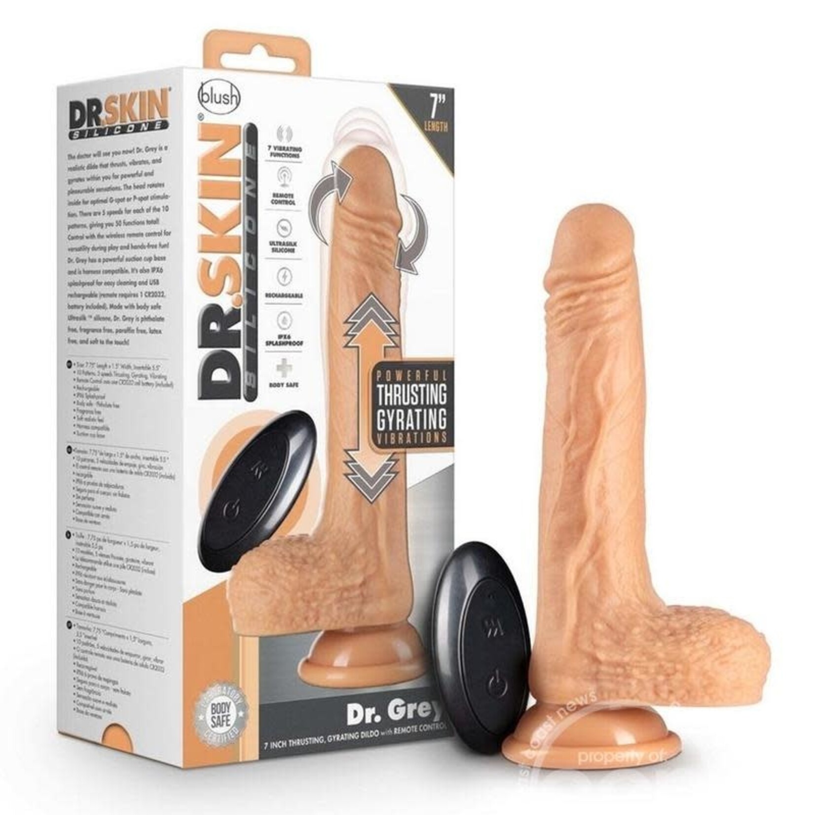 Blush Novelties Dr. Skin Silicone Dr. Grey Rechargeable Thrusting Dildo with Remote Control 7in - Vanilla