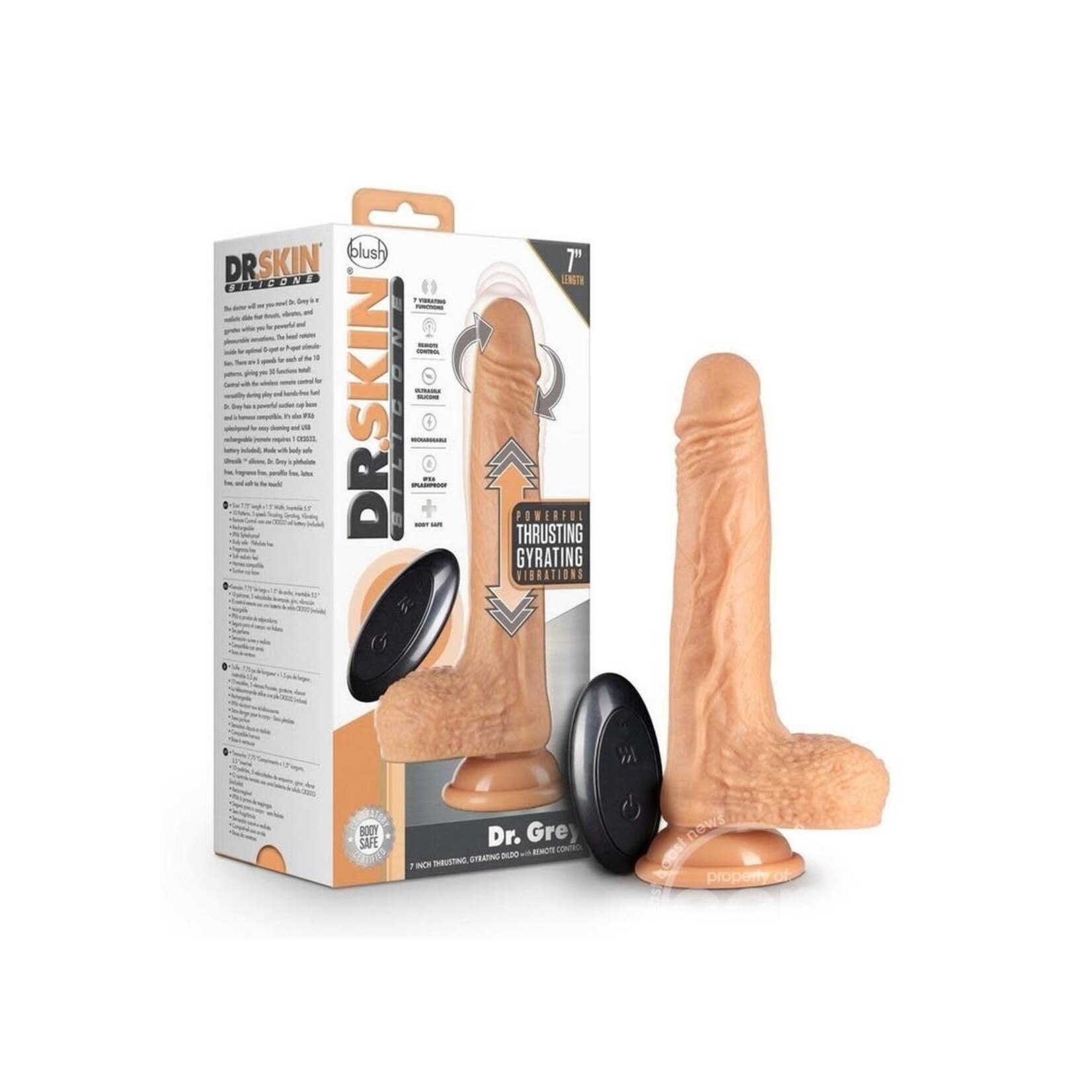 Blush Novelties Dr. Skin Silicone Dr. Grey Rechargeable Thrusting Dildo with Remote Control 7in - Vanilla