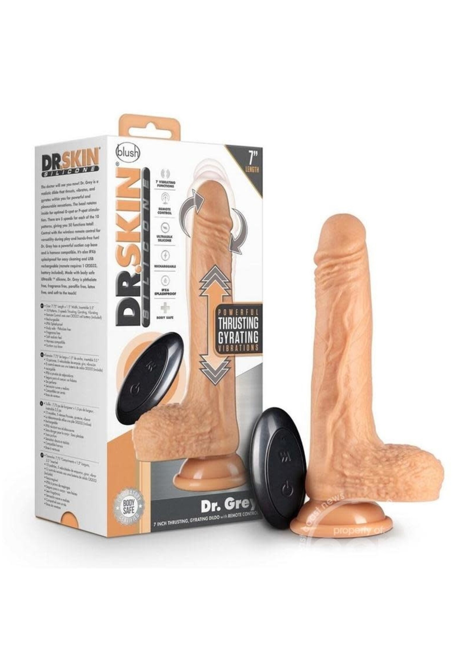 Blush Novelties Dr. Skin Silicone Dr. Grey Rechargeable Thrusting Dildo with Remote Control 7in - Vanilla