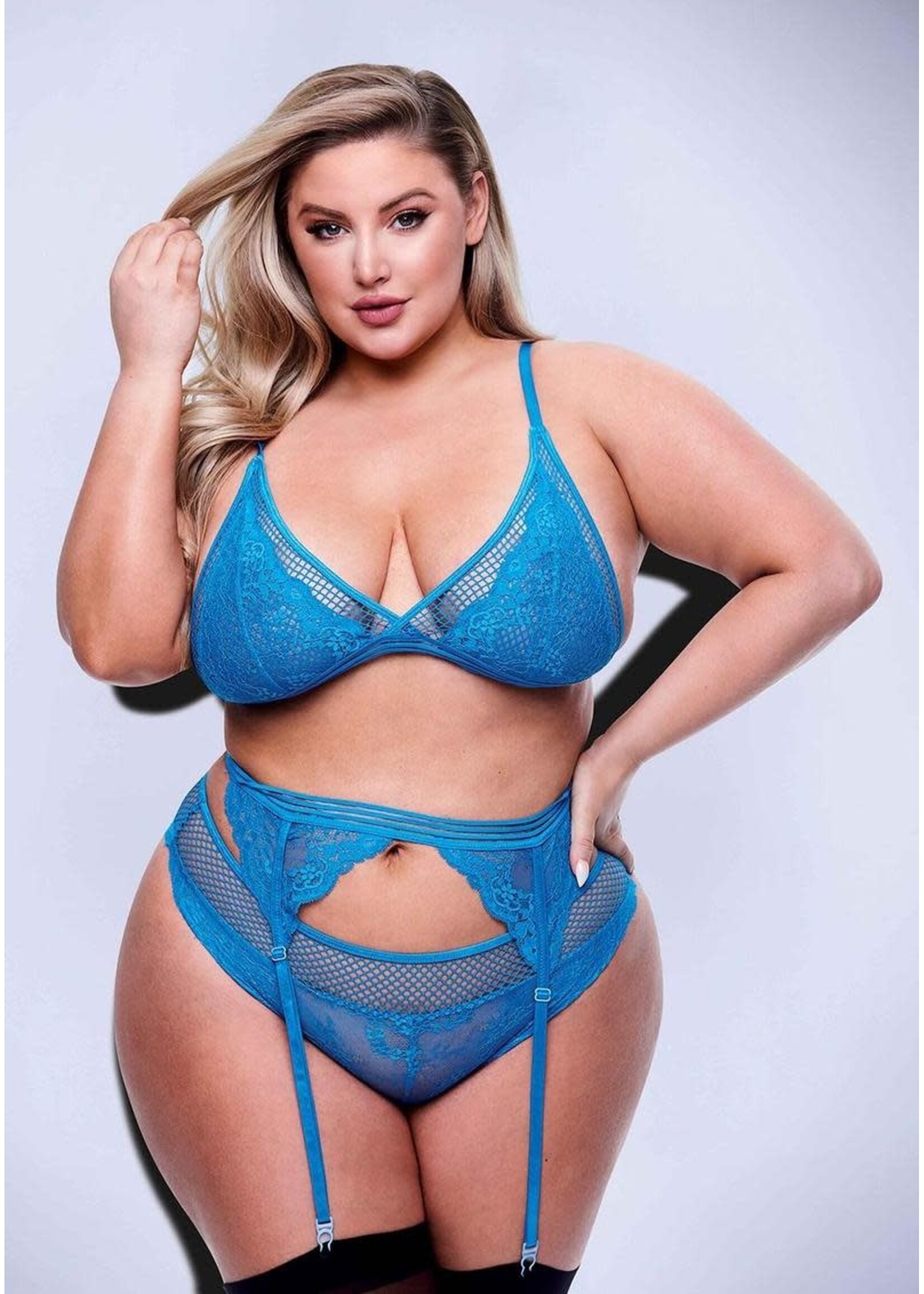 Baci 3pc Lace & Mesh Bra, Garter, Panty Set - Queen Size