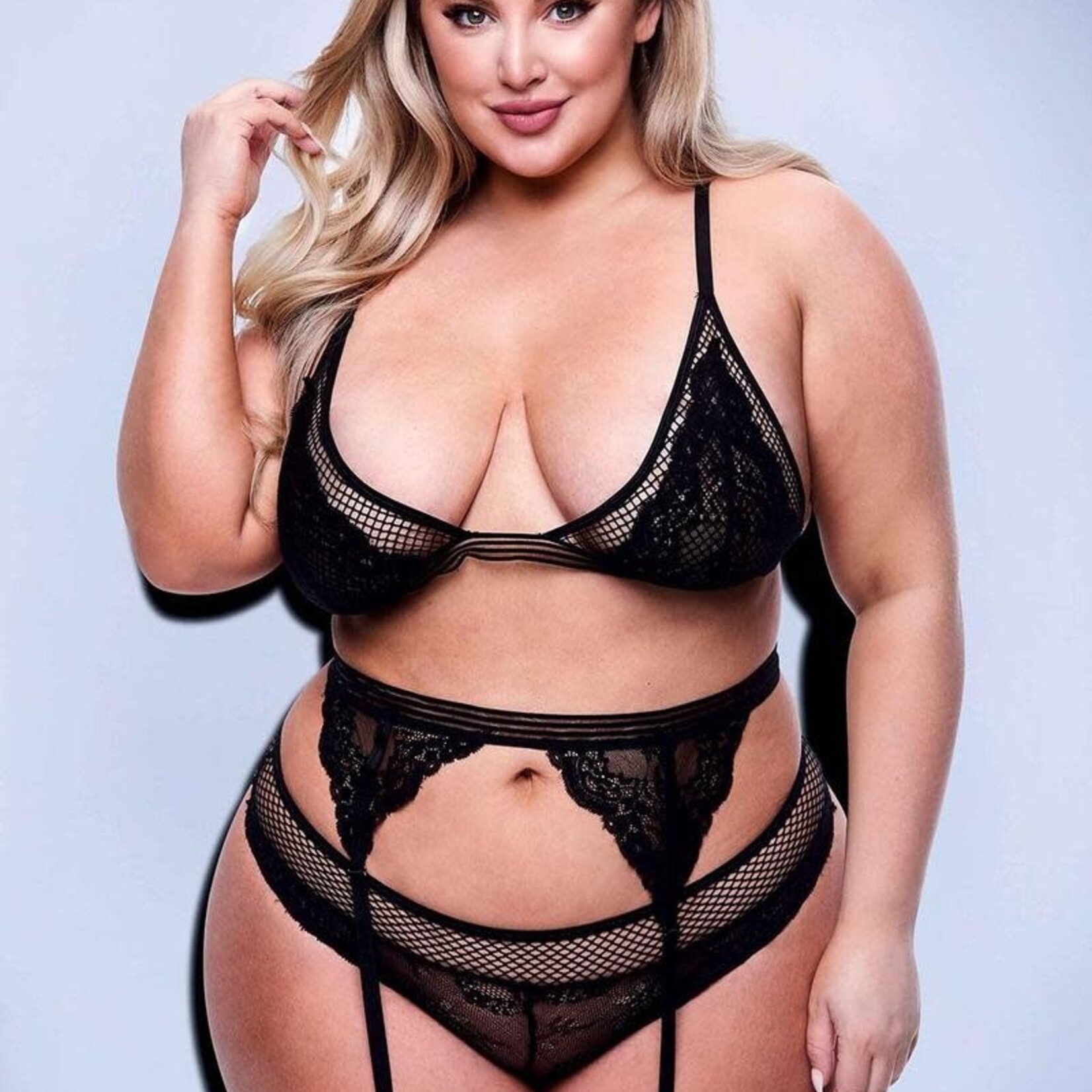 Baci 3pc Lace & Mesh Bra, Garter, Panty Set - Queen Size