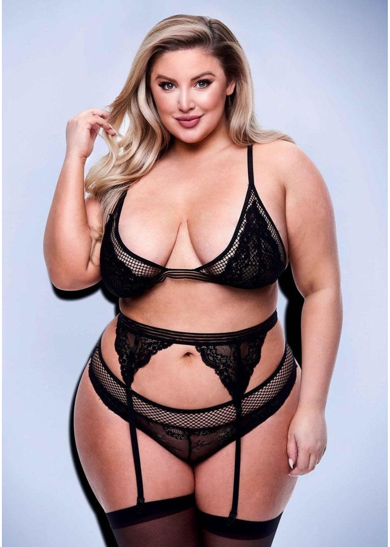 Baci 3pc Lace & Mesh Bra, Garter, Panty Set - Queen Size