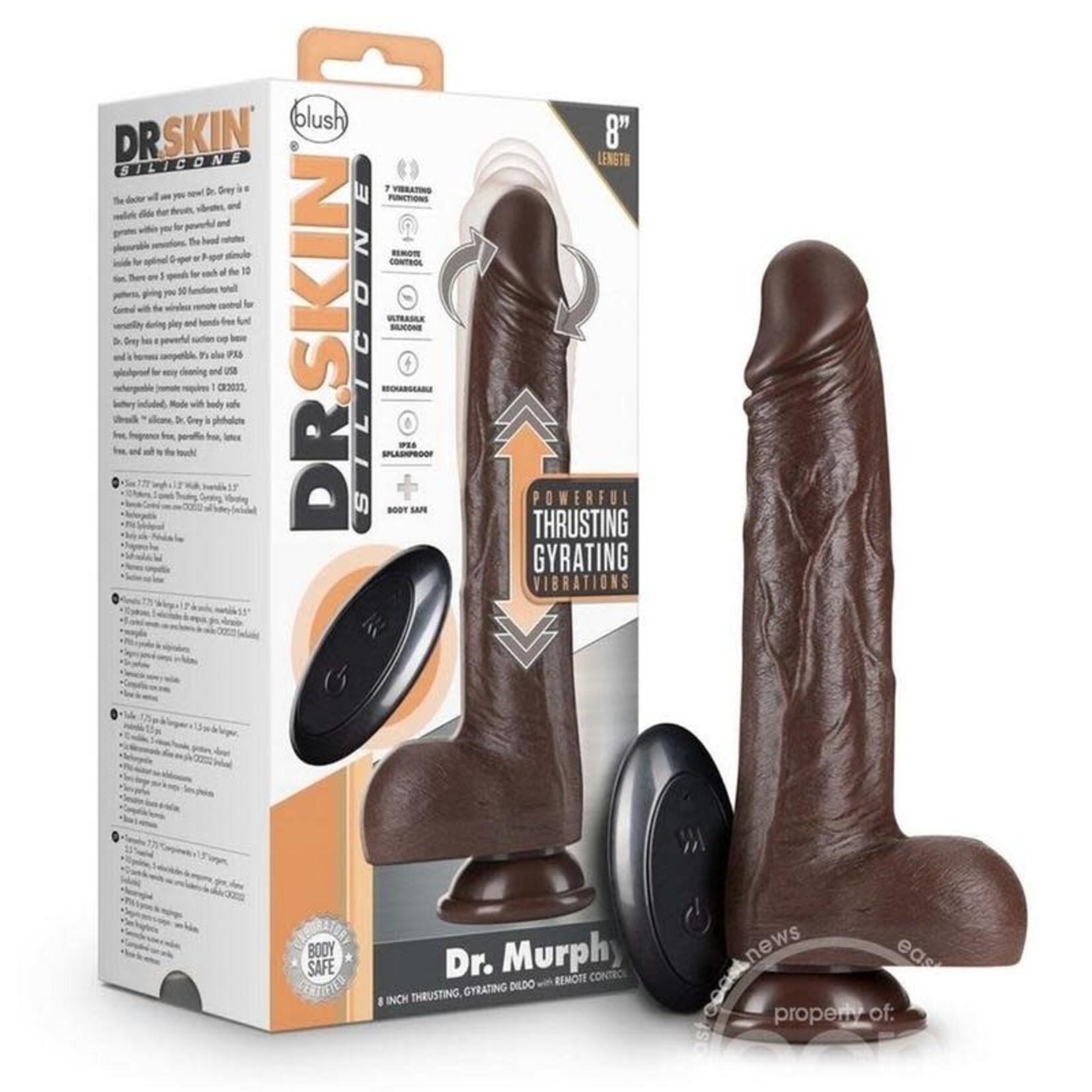 Blush Novelties Dr. Skin Silicone Dr. Murphy Rechargeable Thrusting Dildo with Remote Control 8in - Chocolate