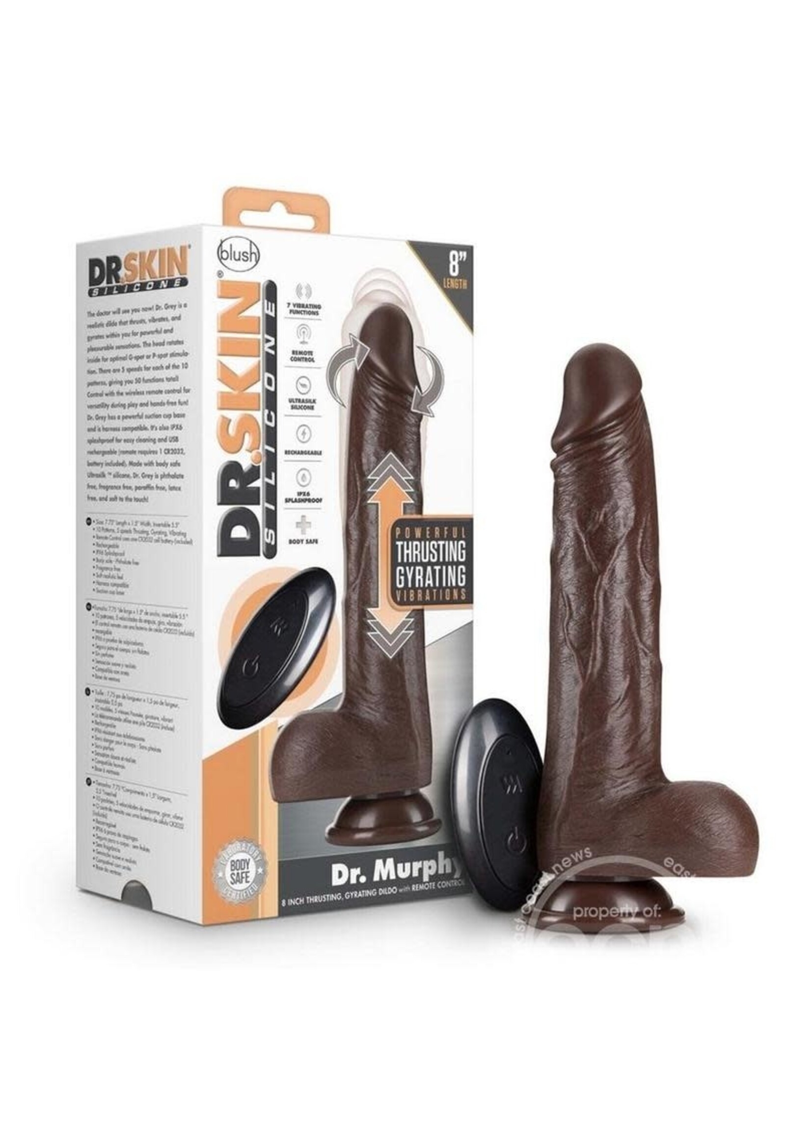 Blush Novelties Dr. Skin Silicone Dr. Murphy Rechargeable Thrusting Dildo with Remote Control 8in - Chocolate