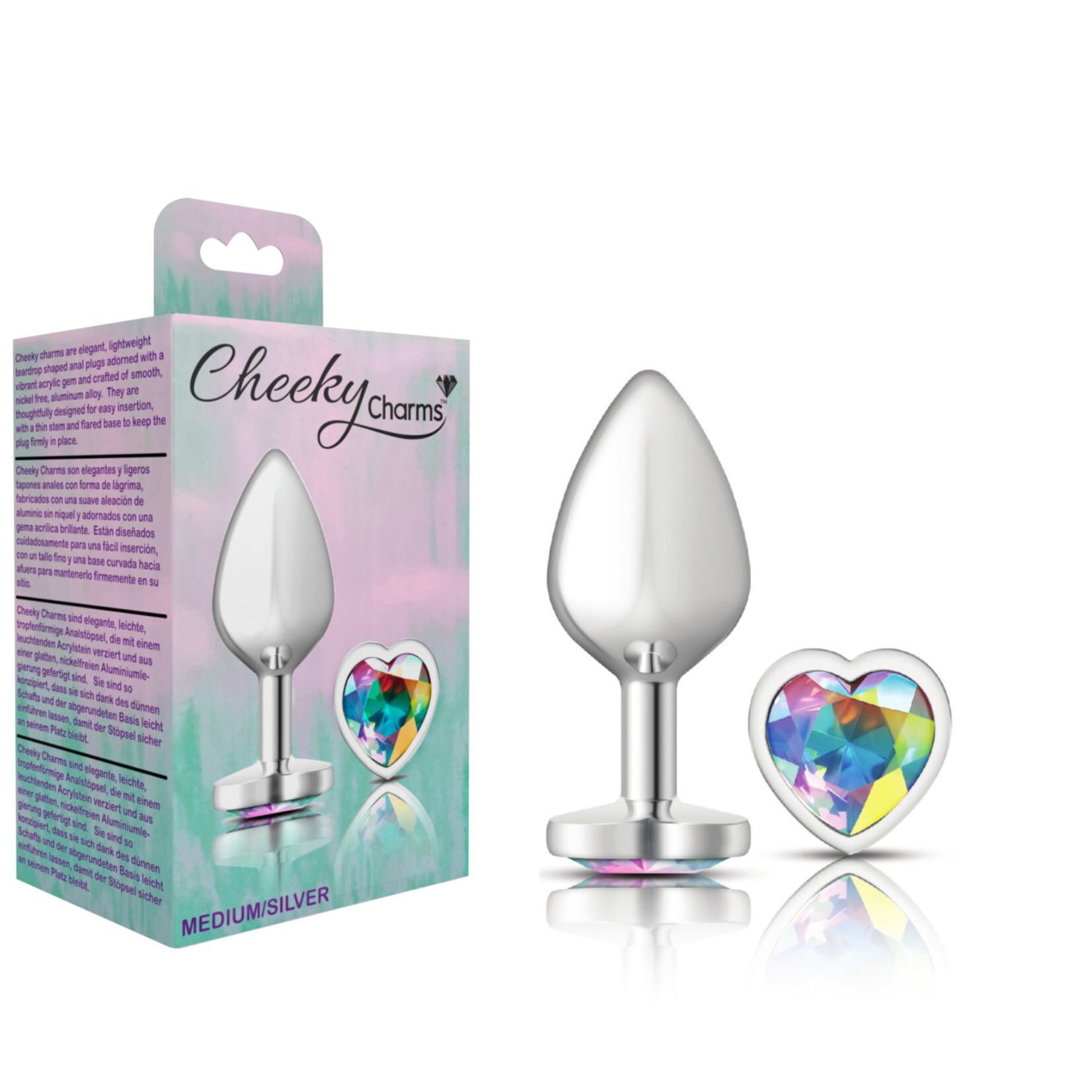 Viben Cheeky Charms - Silver Metal Butt Plug - Heart - Clear