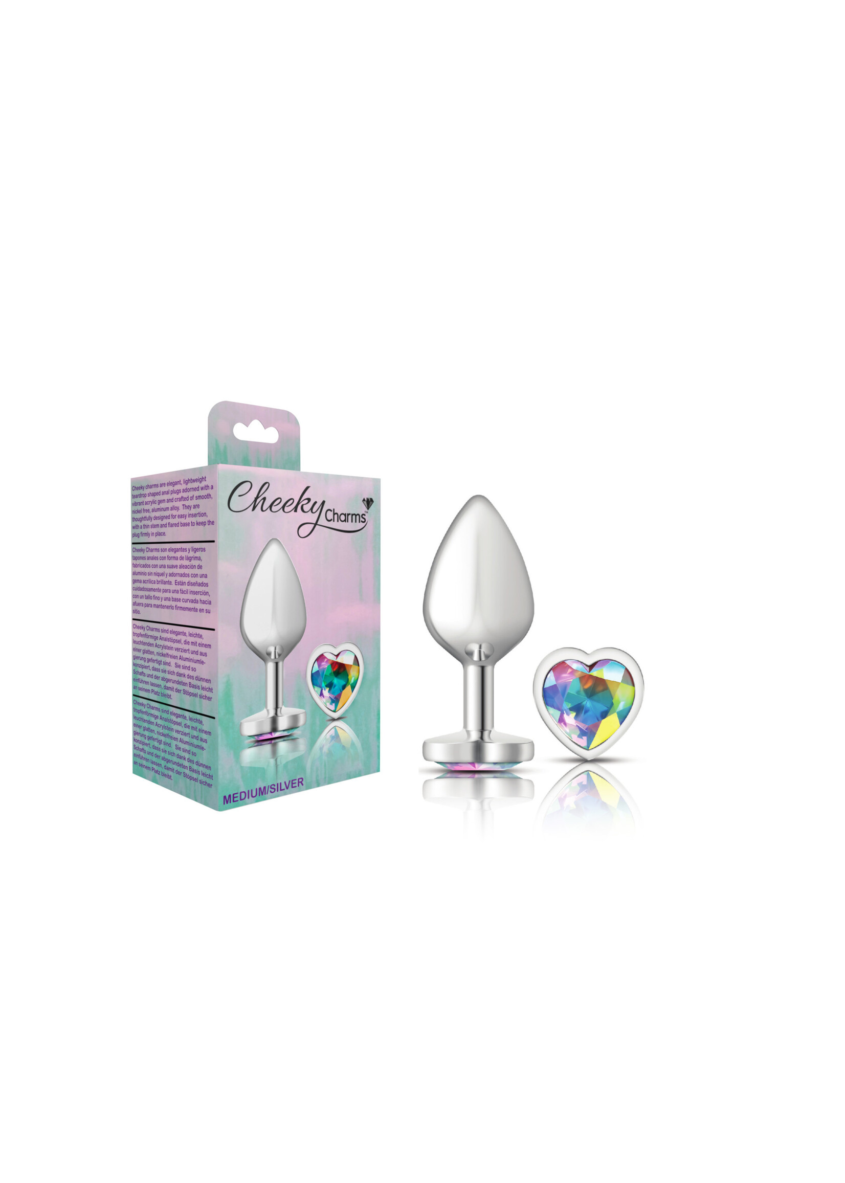 Viben Cheeky Charms - Silver Metal Butt Plug - Heart - Clear