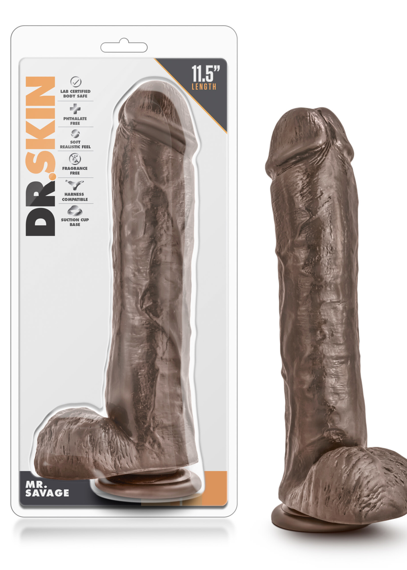 Blush Novelties Dr. Skin Mr. Savage 11.5" Dildo With Suction Cup - Chocolate
