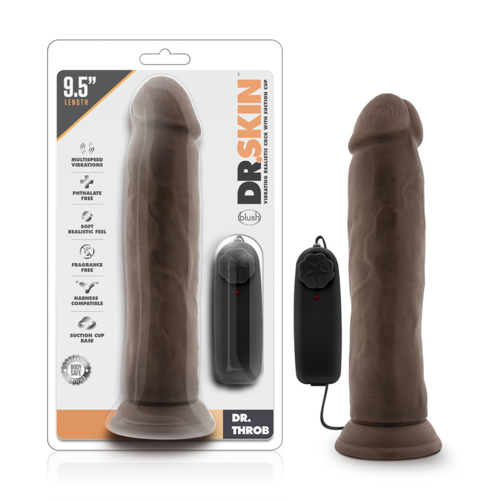 Blush Novelties Dr. Skin - Dr. Throb - 9.5 Inch Vibrating Realistic Cock With Suction Cup - Chocolate