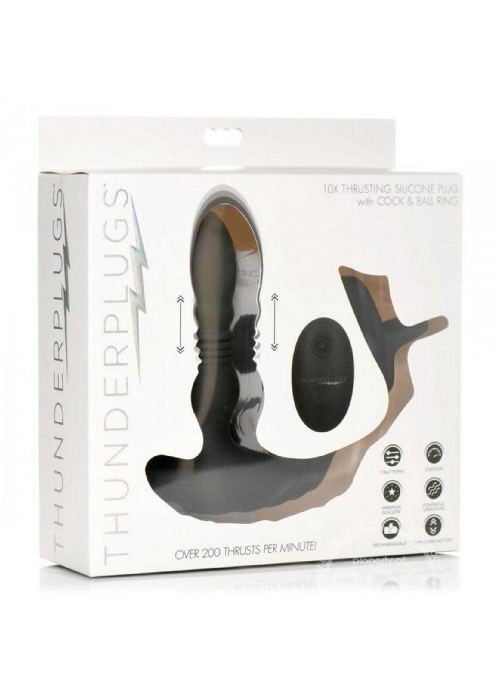 XR Brands Thunder Plugs Thunder Plugs Rechargeable 10X Thrusting Silicone Vibrator with Cock & Ball Strap - Black