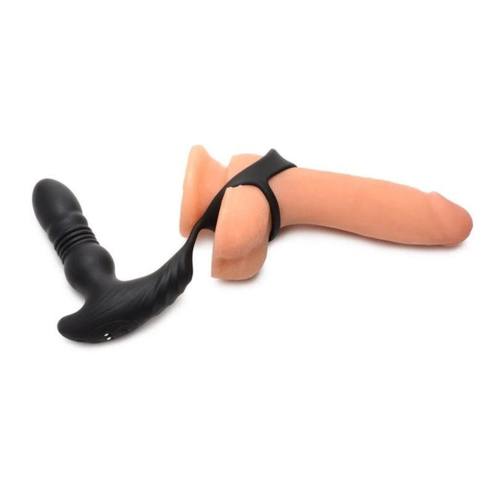 XR Brands Thunder Plugs Thunder Plugs Rechargeable 10X Thrusting Silicone Vibrator with Cock & Ball Strap - Black