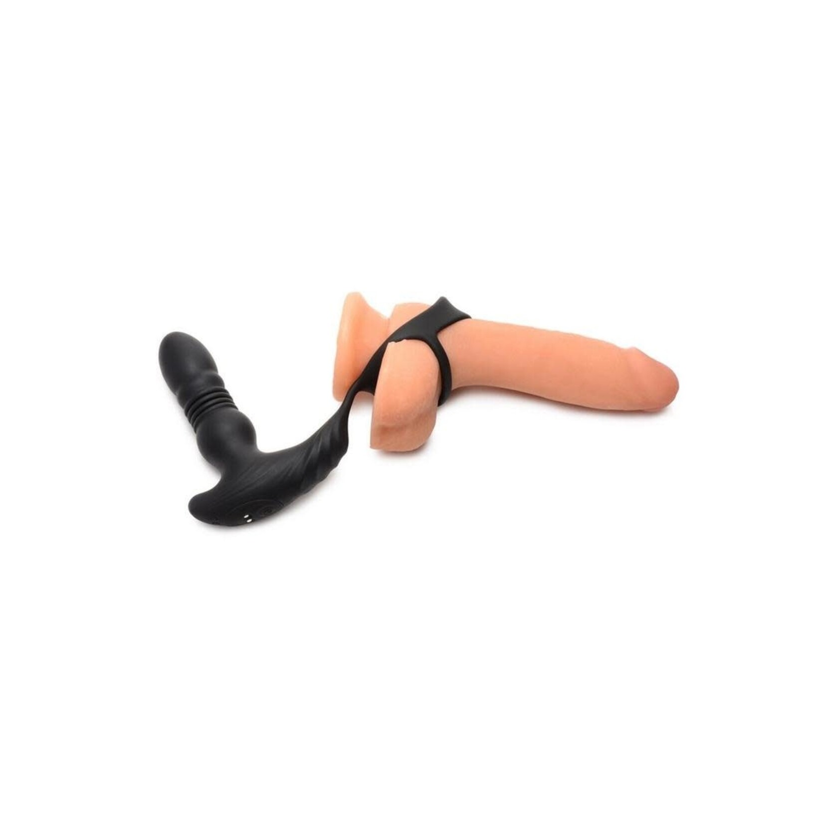 XR Brands Thunder Plugs Thunder Plugs Rechargeable 10X Thrusting Silicone Vibrator with Cock & Ball Strap - Black