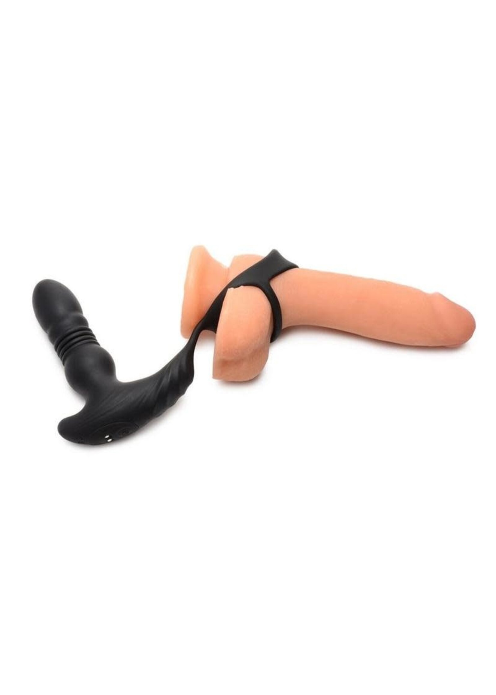 XR Brands Thunder Plugs Thunder Plugs Rechargeable 10X Thrusting Silicone Vibrator with Cock & Ball Strap - Black