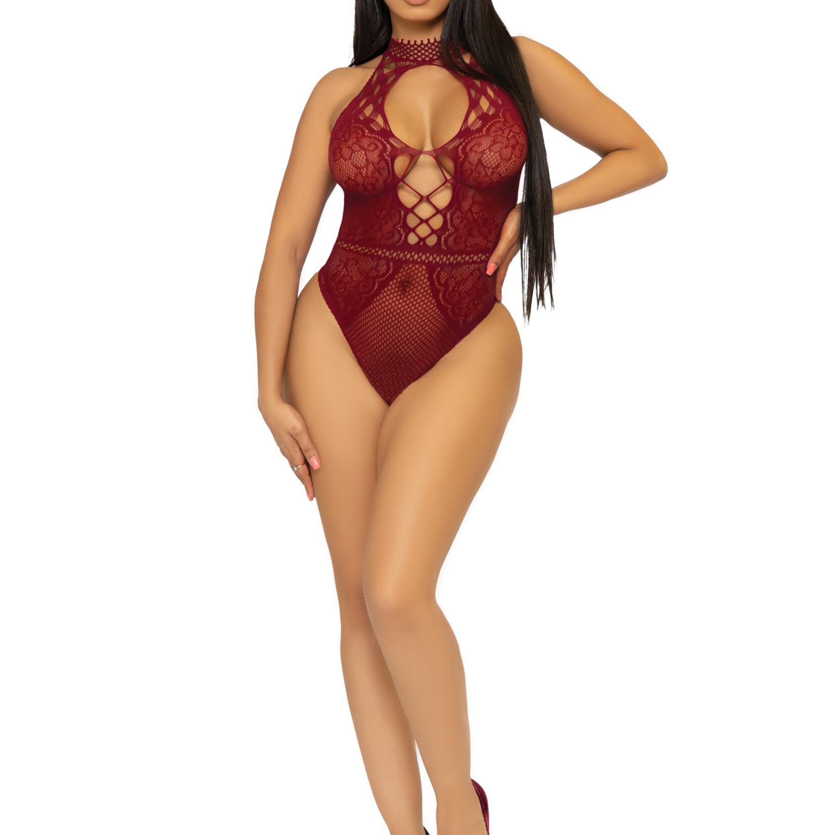 Leg Avenue Net and Lace Keyhole Halter Bodysuit - One Size