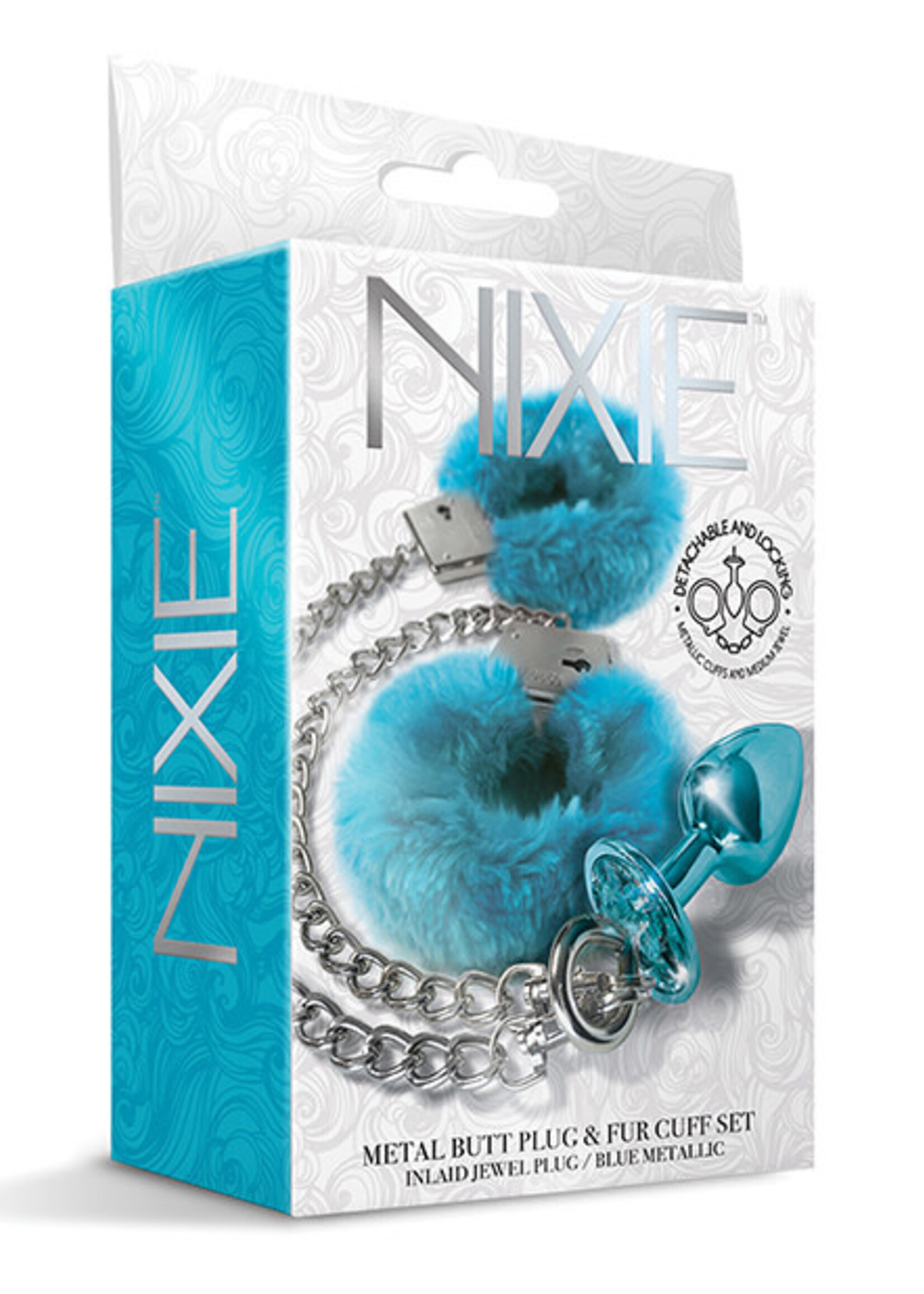 Nixie Nixie Metal Butt Plug w/Inlaid Jewel & Fur Cuff Set
