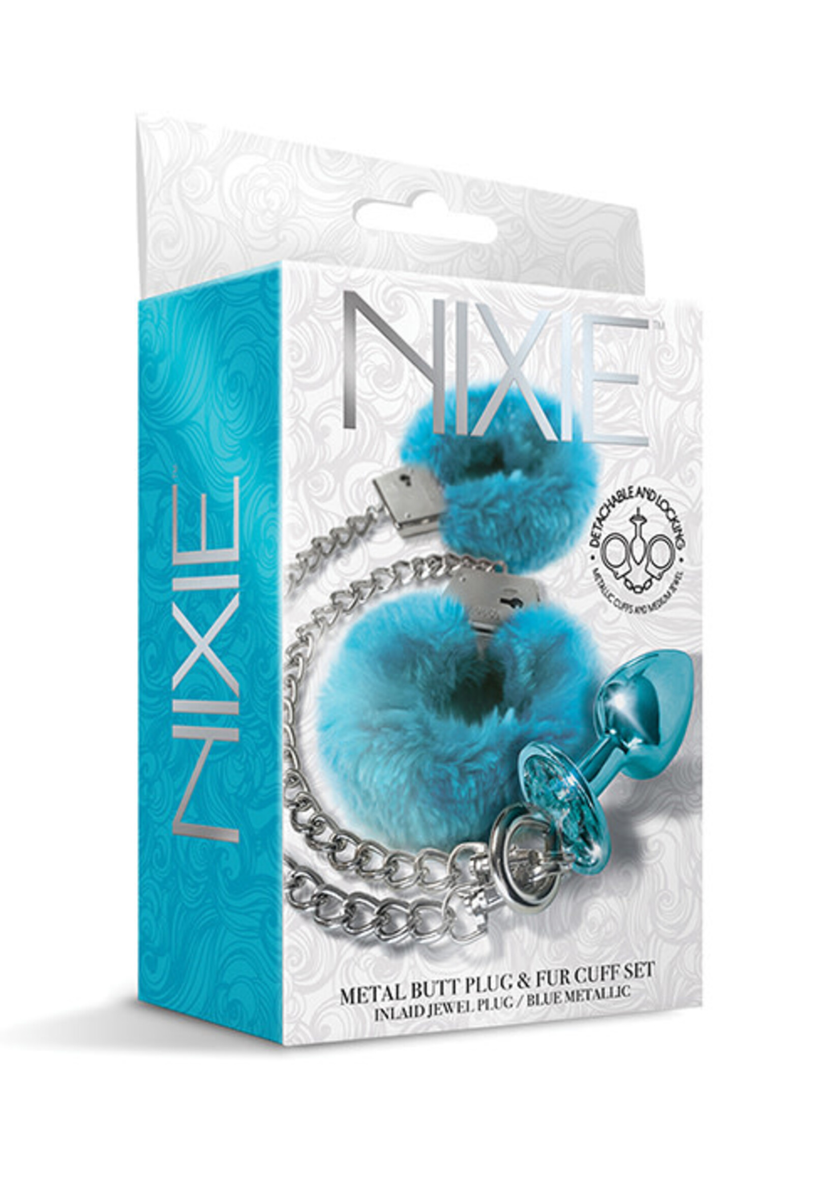 #LETSDOEIT Nixie Metal Butt Plug w/Inlaid Jewel & Fur Cuff Set