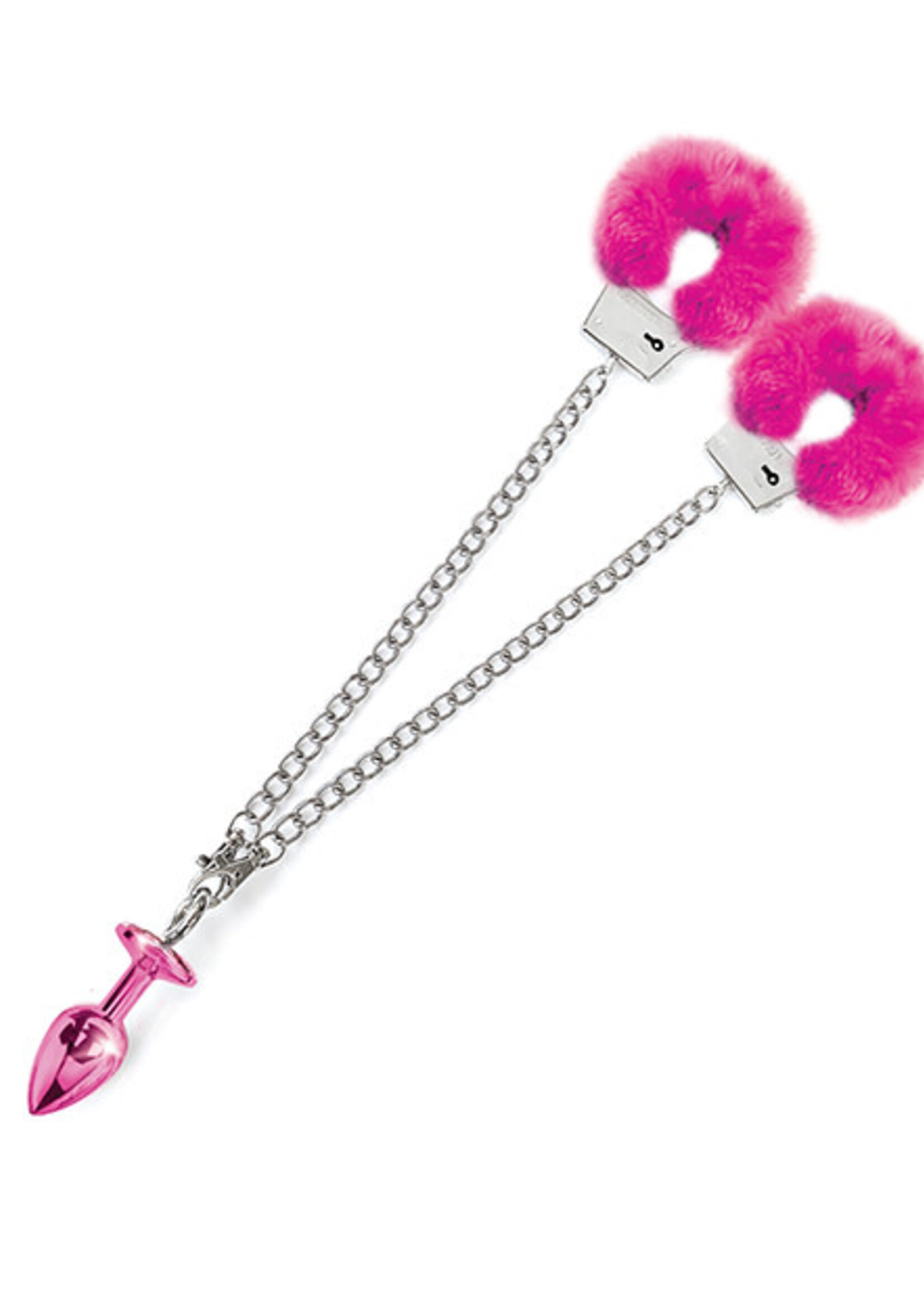 #LETSDOEIT Nixie Metal Butt Plug w/Inlaid Jewel & Fur Cuff Set