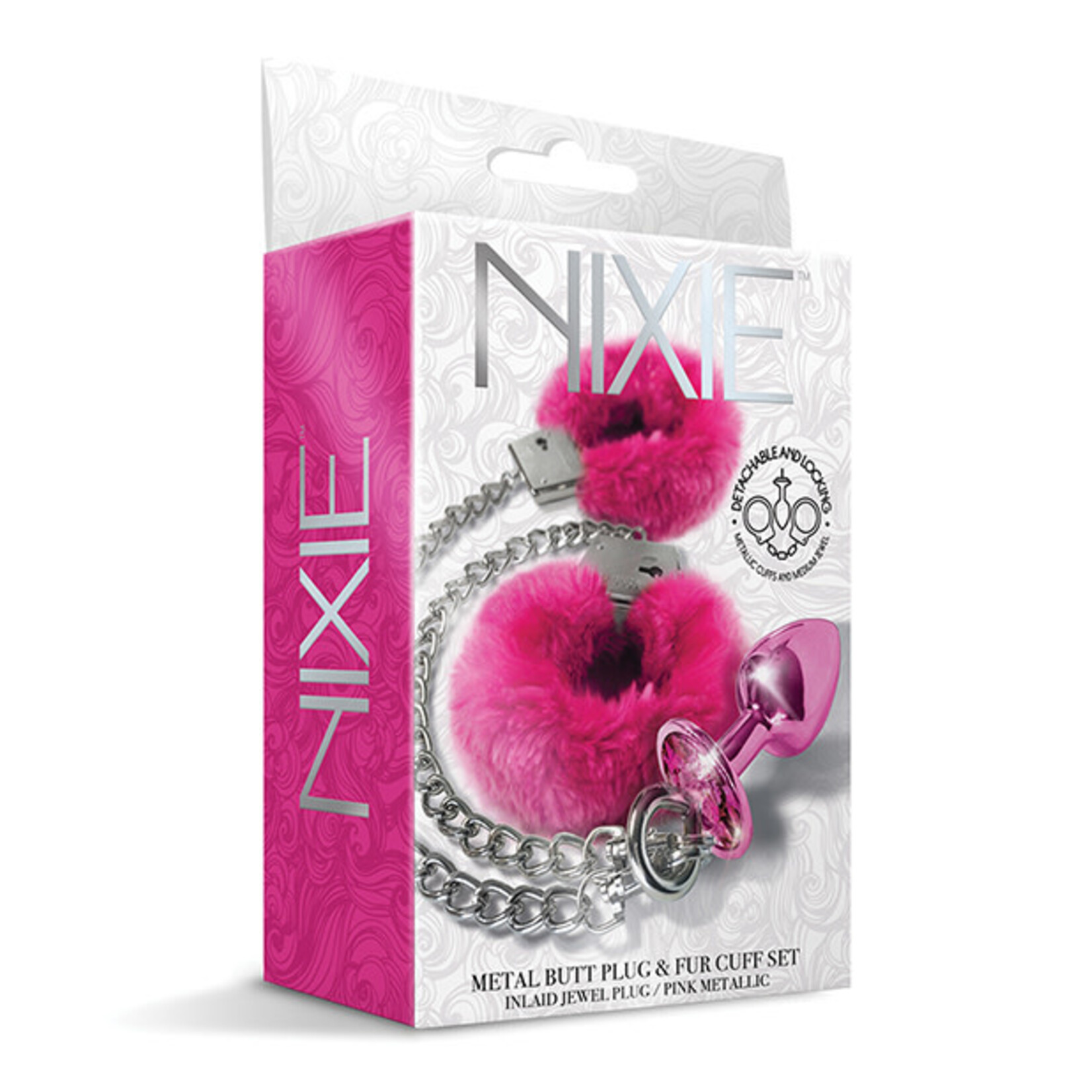 Nixie Nixie Metal Butt Plug w/Inlaid Jewel & Fur Cuff Set