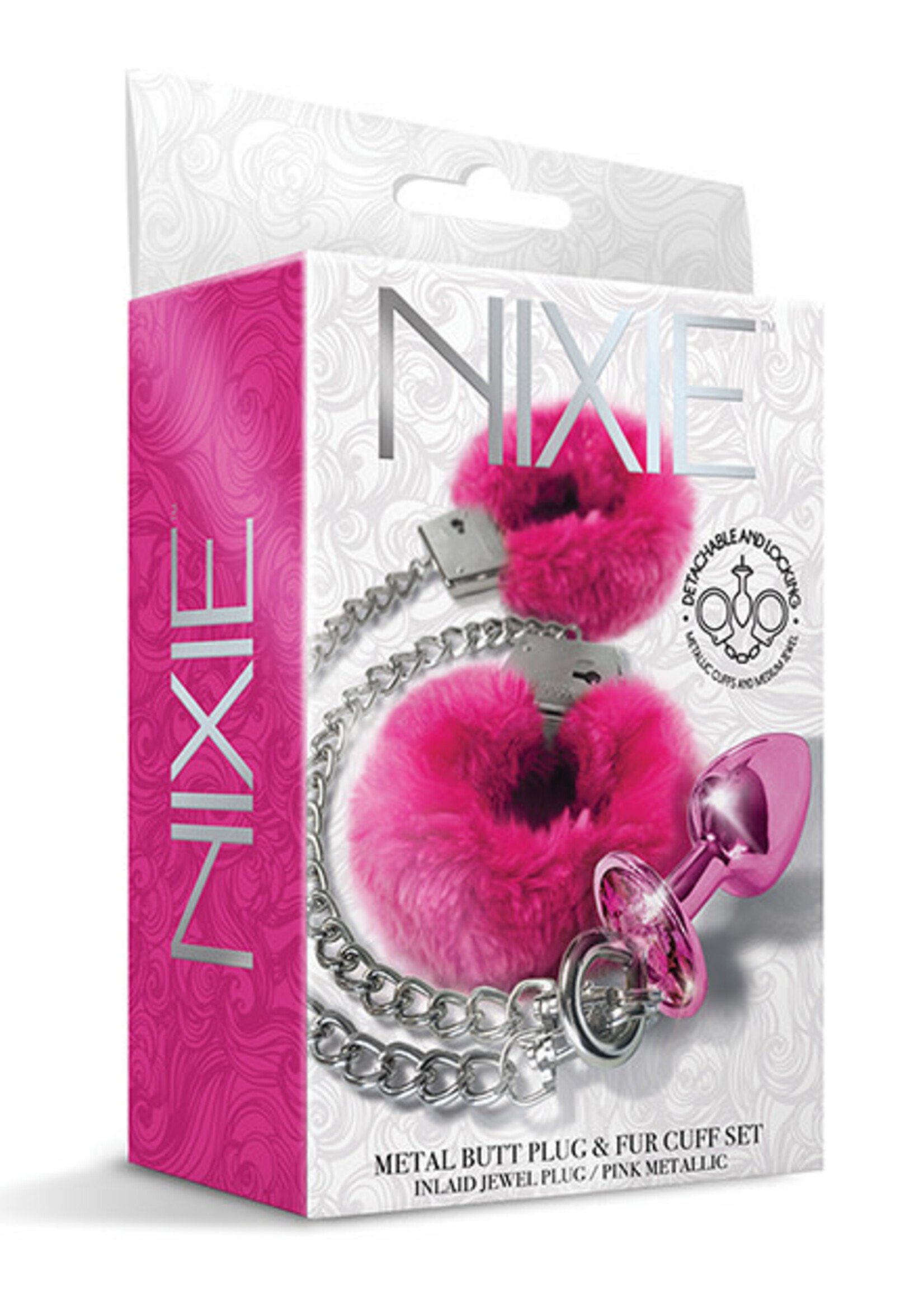 Nixie Nixie Metal Butt Plug w/Inlaid Jewel & Fur Cuff Set