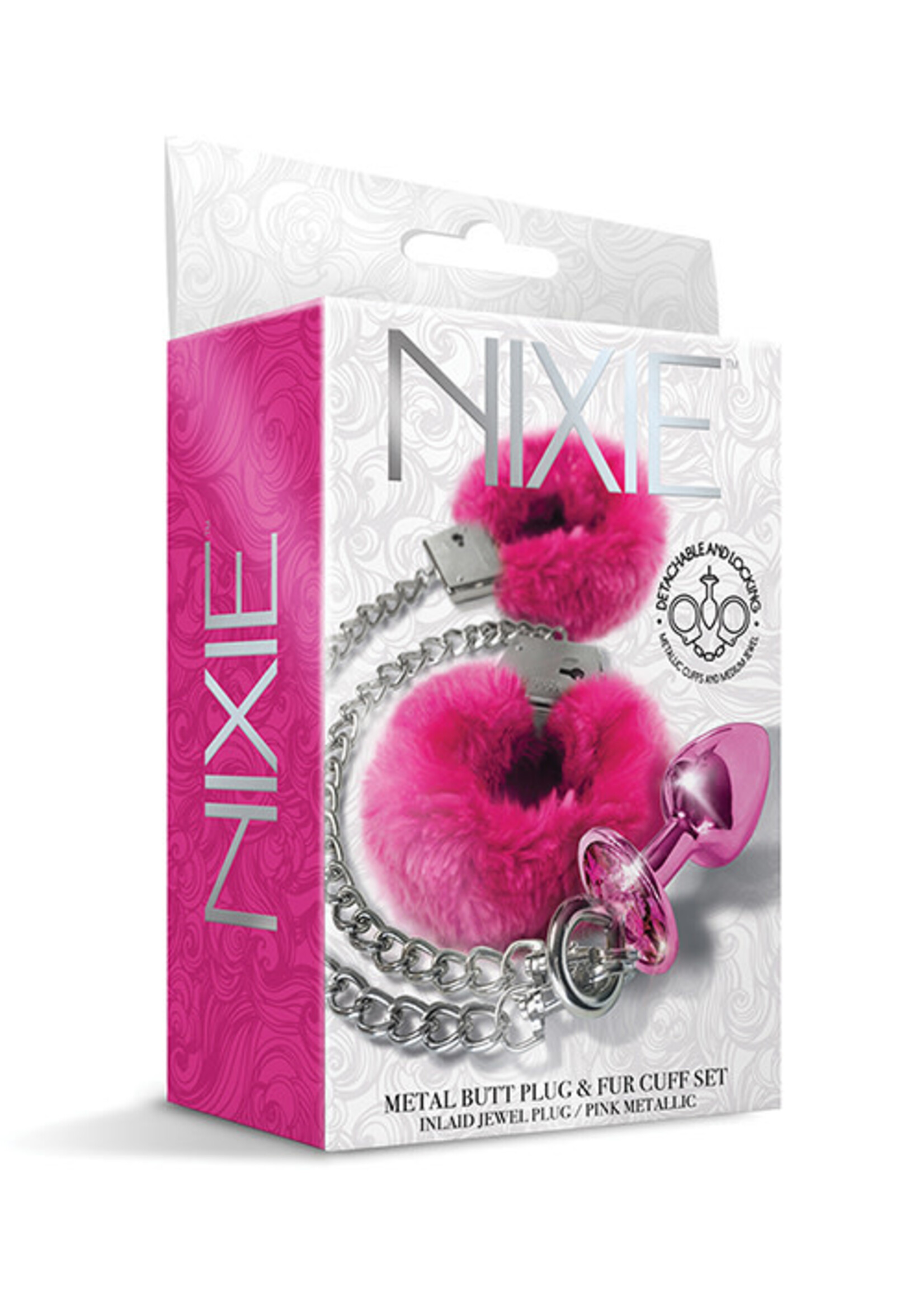 #LETSDOEIT Nixie Metal Butt Plug w/Inlaid Jewel & Fur Cuff Set