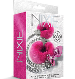 #LETSDOEIT Nixie Metal Butt Plug w/Inlaid Jewel & Fur Cuff Set